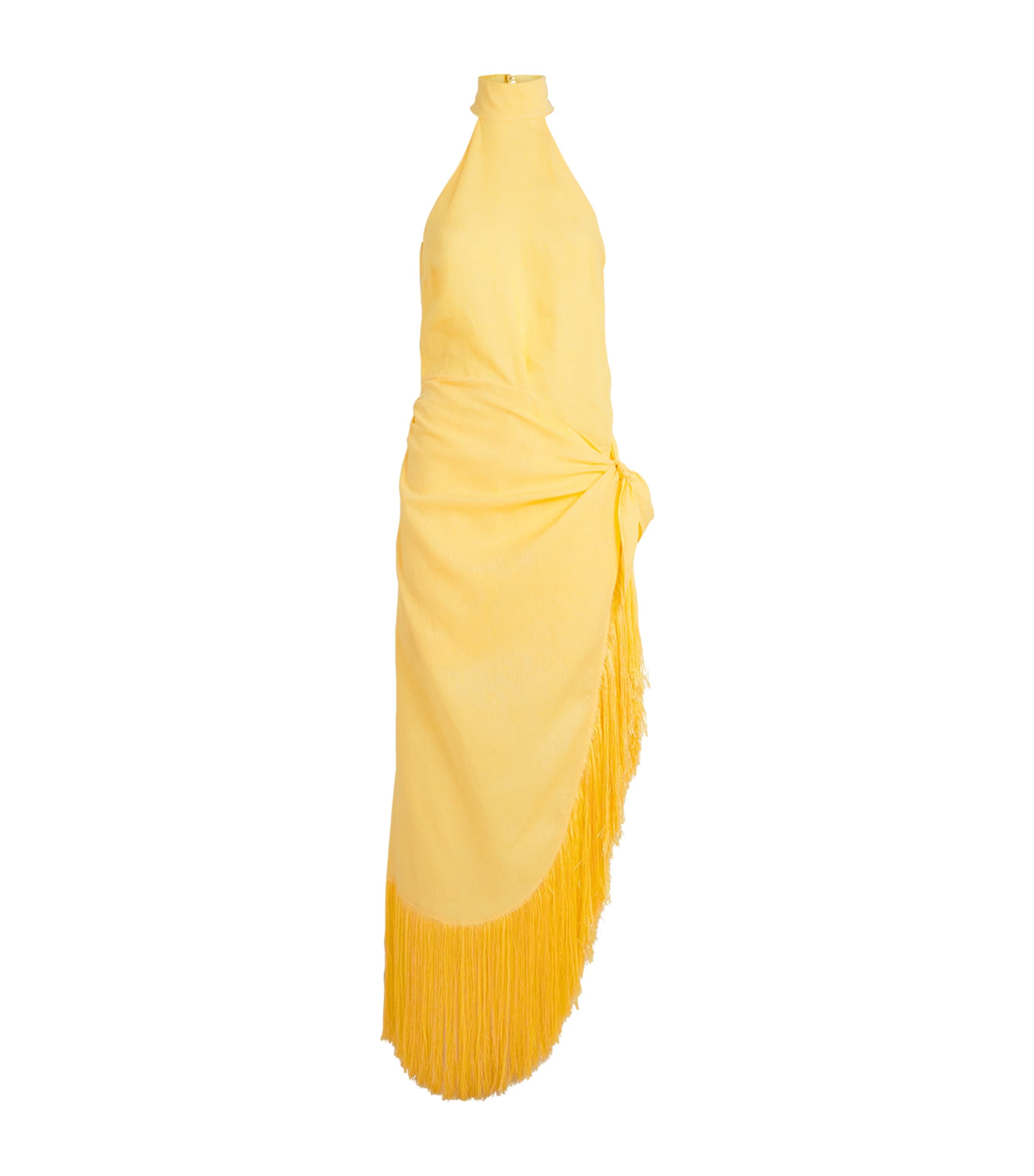 Taller Marmo Athena Wrap-effect Fringed Linen Midi Dress In Yellow