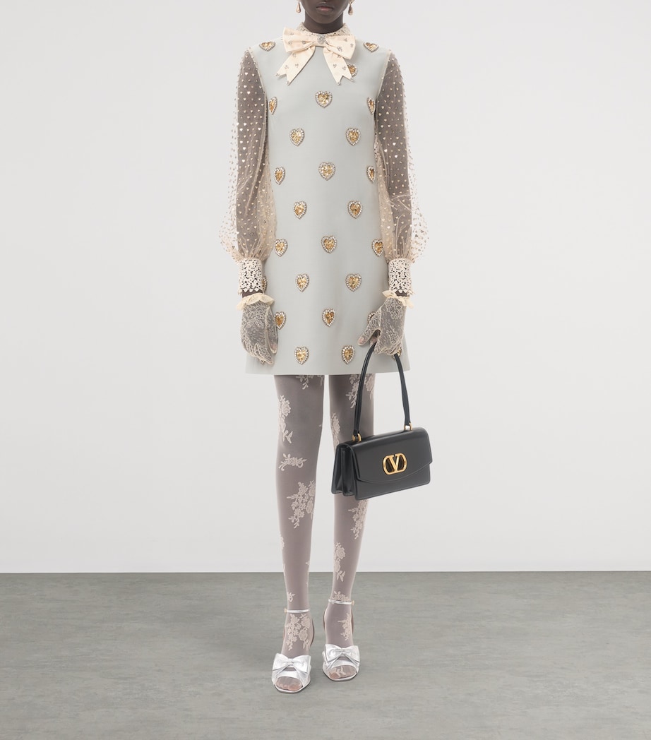 Valentino Embroidered Crepe Couture Short Dress Woman Dirty Sage/silver 38 Valentino Embroidered Crepe Couture Short Dress Woman Dirty Sage/silver 38