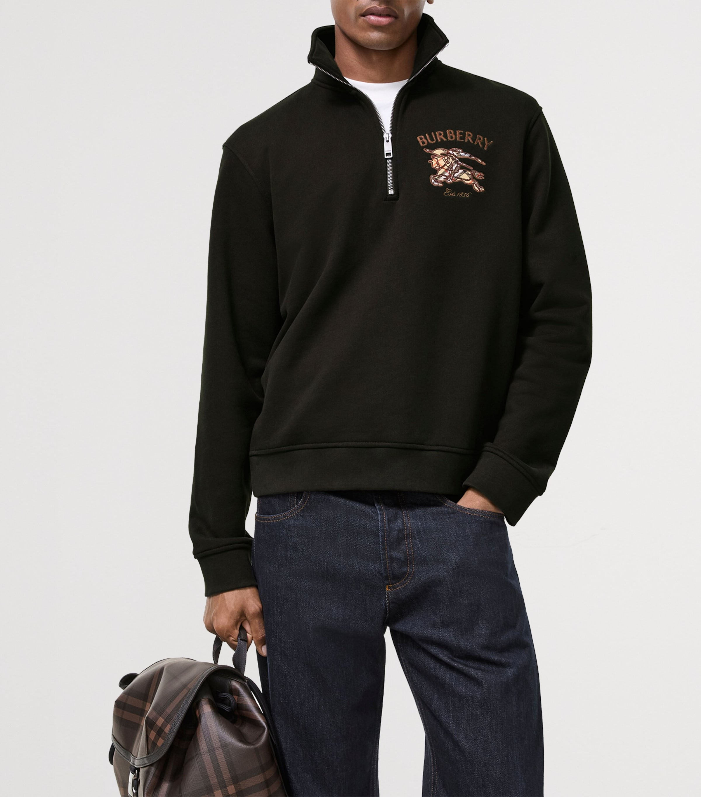 Burberry Mens Cotton EKD Quarter-Zip Sweatshirt Chocolate Brown Image 2