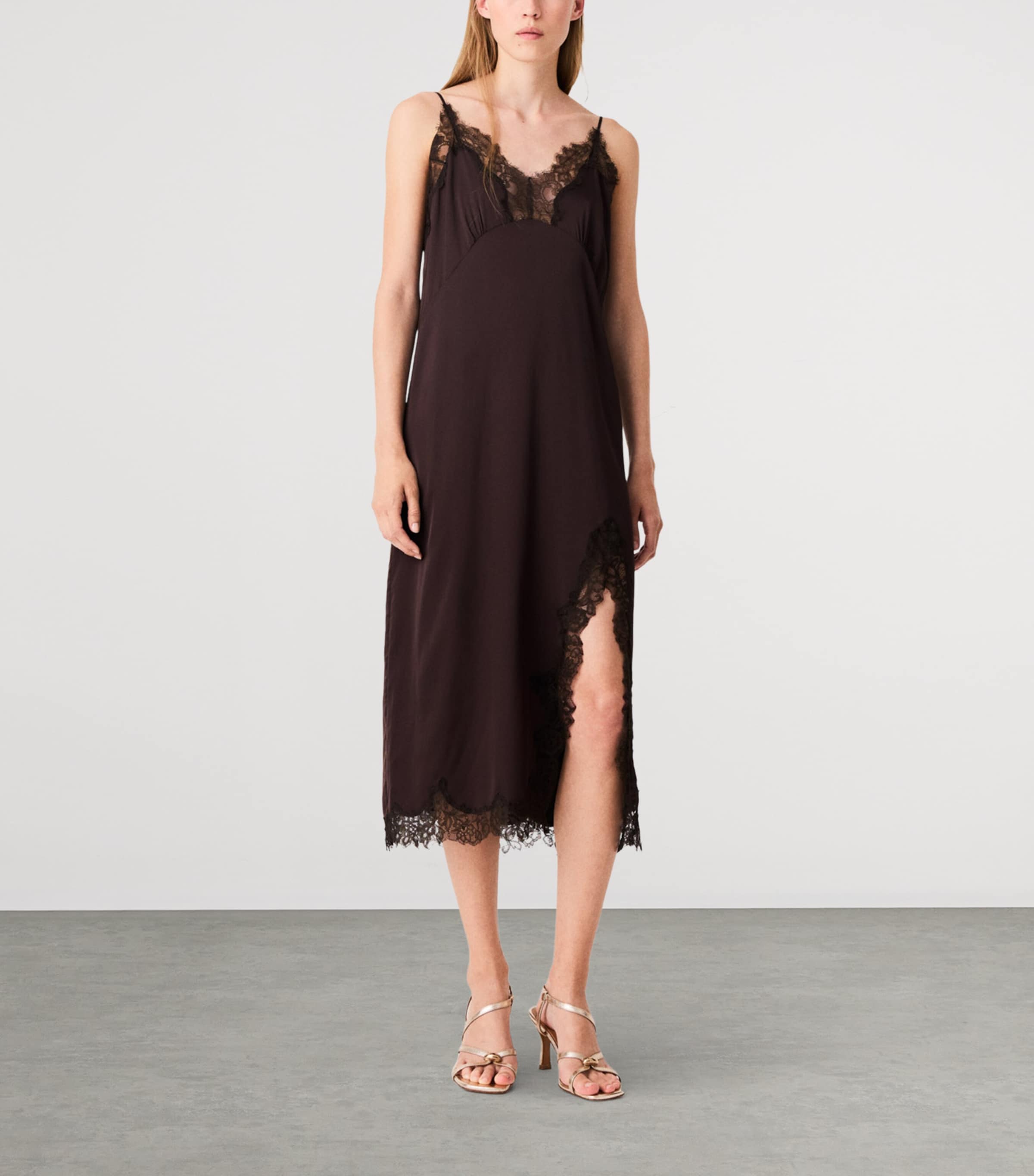 Maje Womens Lace-Trim Midi Dress Dark Brown Image 2