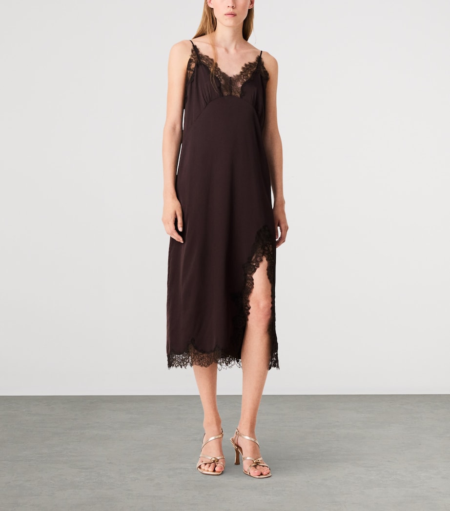 Maje Womens Lace-Trim Midi Dress Dark Brown Image 2