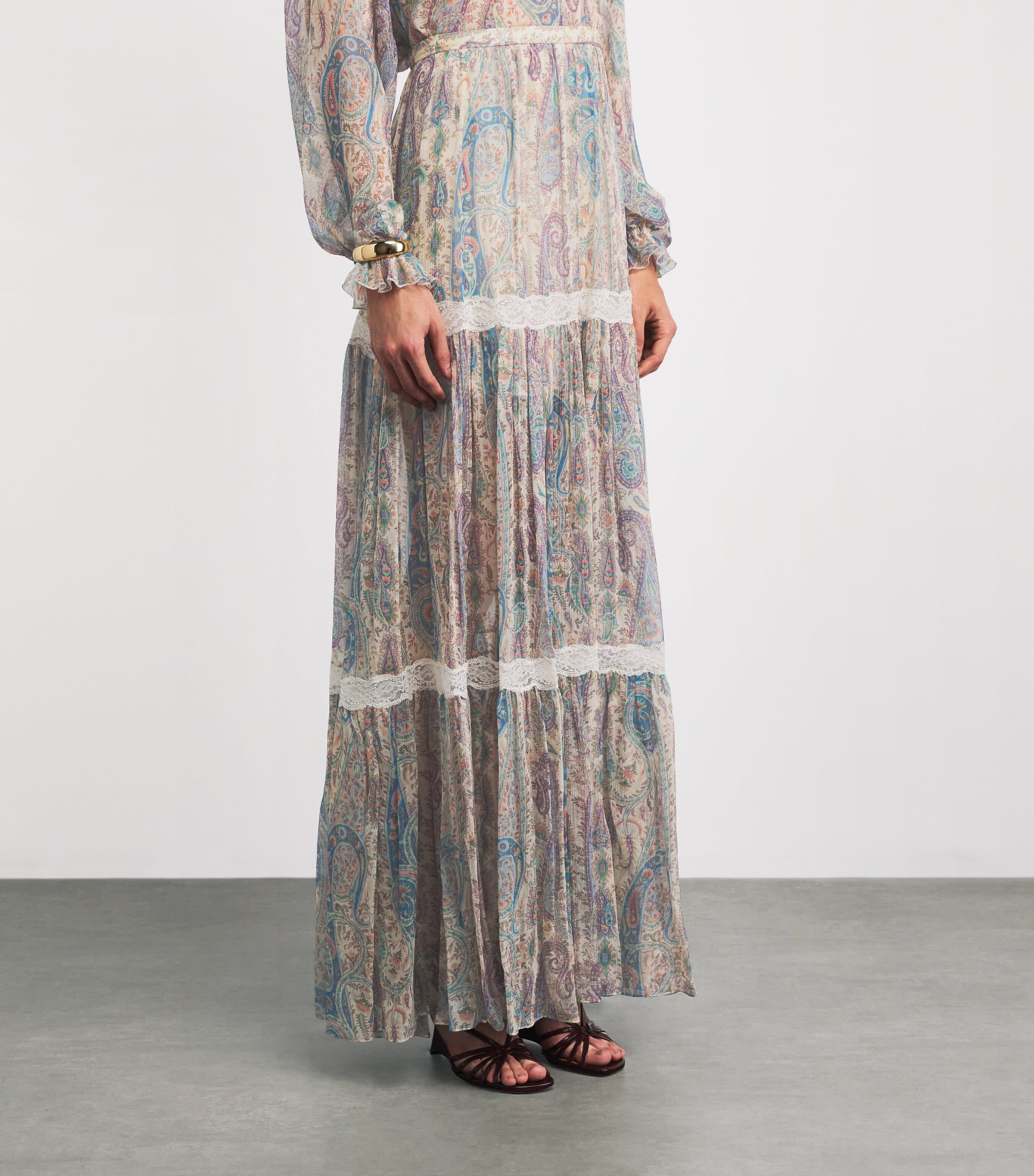 Etro Womens Silk Paisley Tiered Maxi Skirt Print Wht Base Image 4