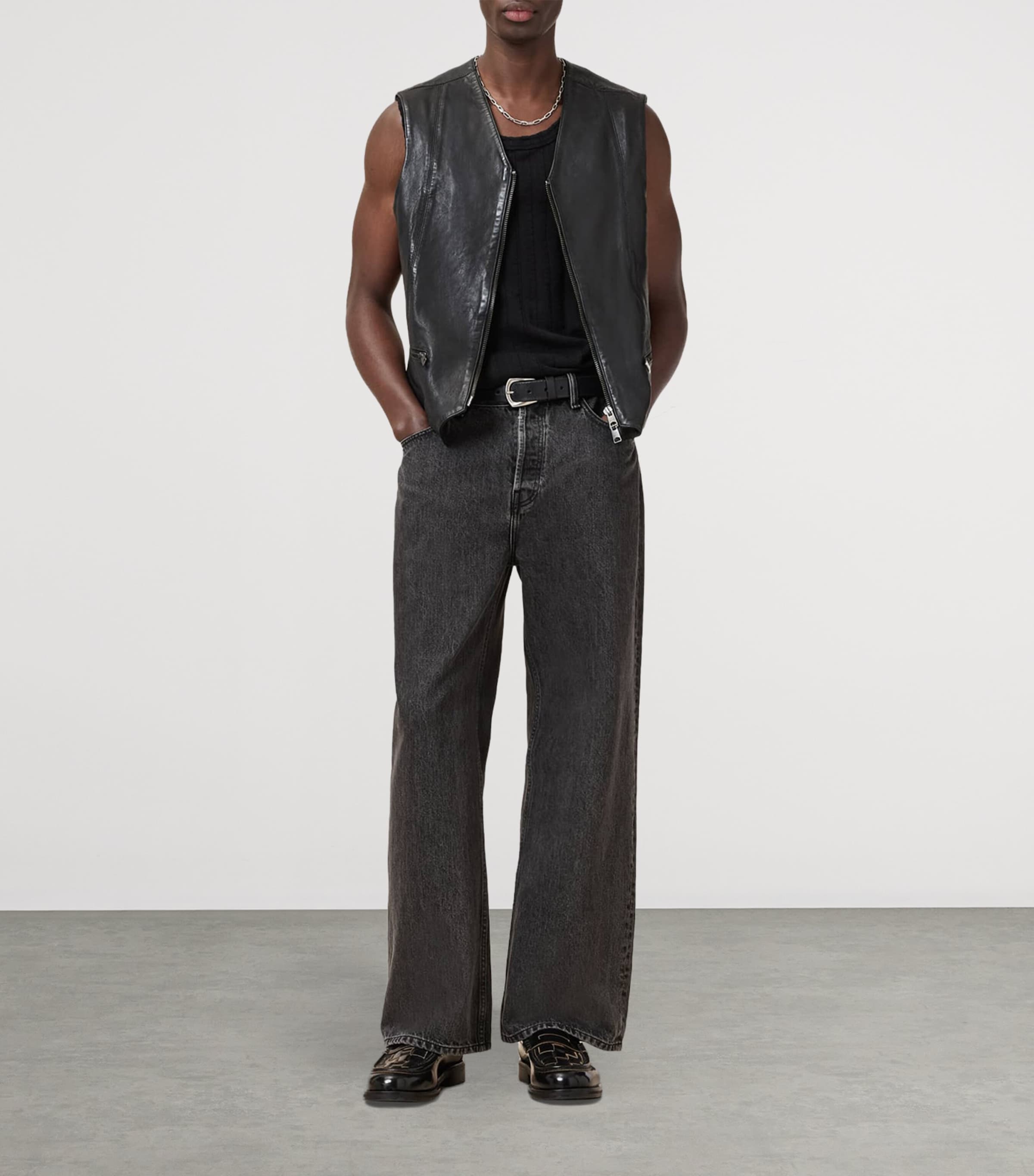 AllSaints Mens Leather Davies Waistcoat Black Image 10