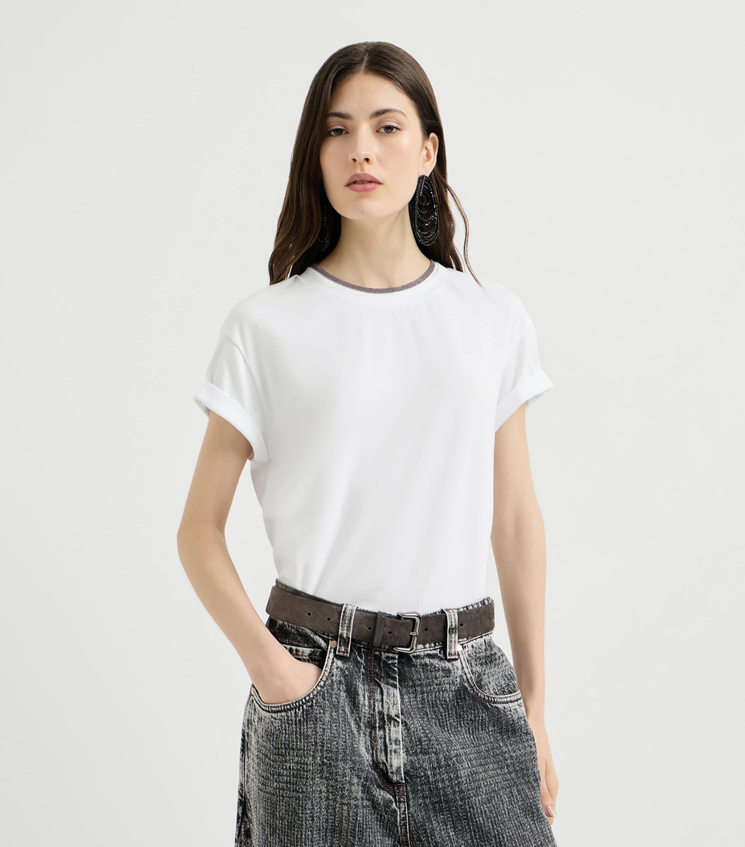 Brunello Cucinelli Womens Stretch-Cotton Monili-Detail T-Shirt White Image 4