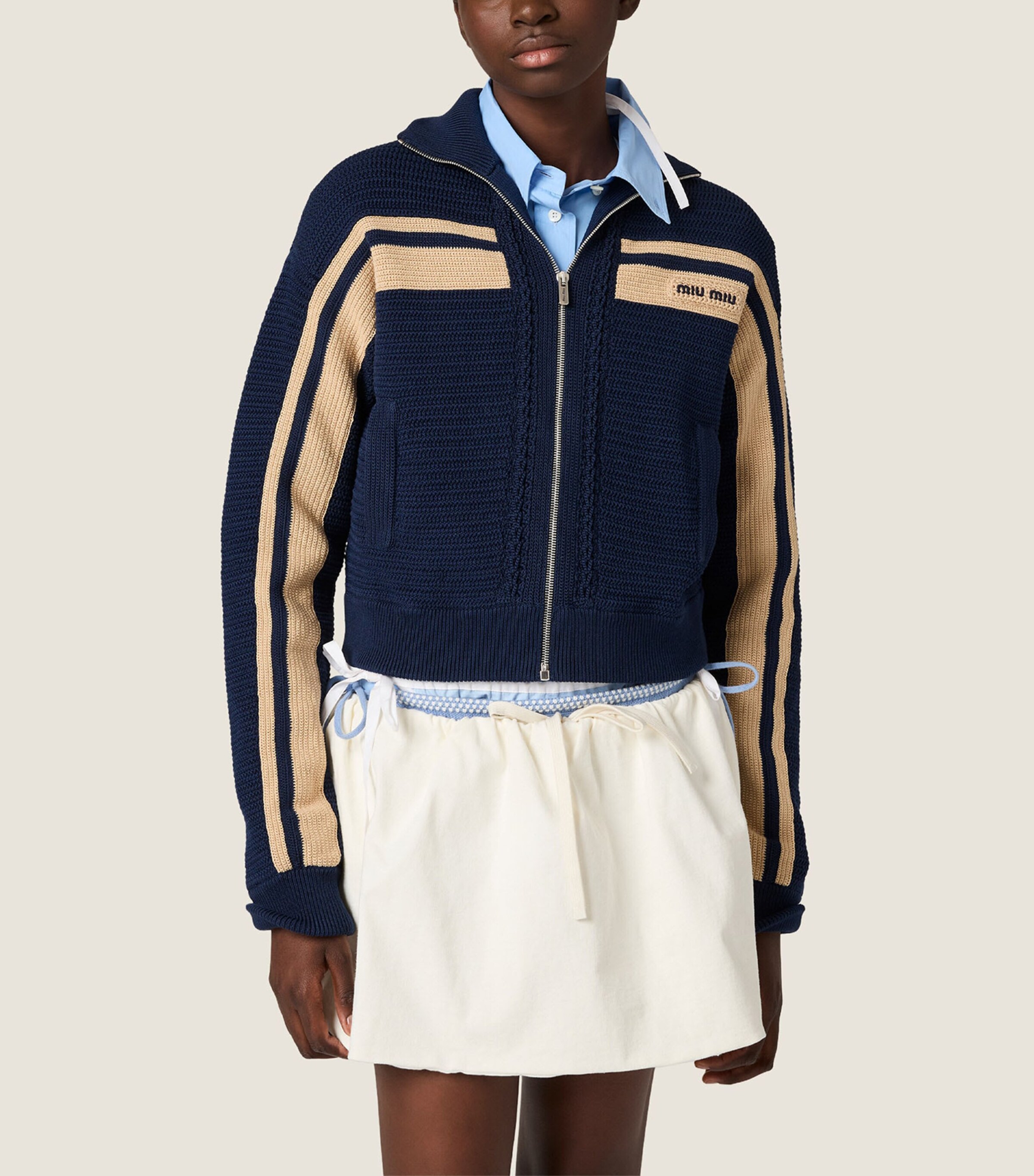 Miu Miu Womens Crochet Zip-Up Cardigan Blue Image 4
