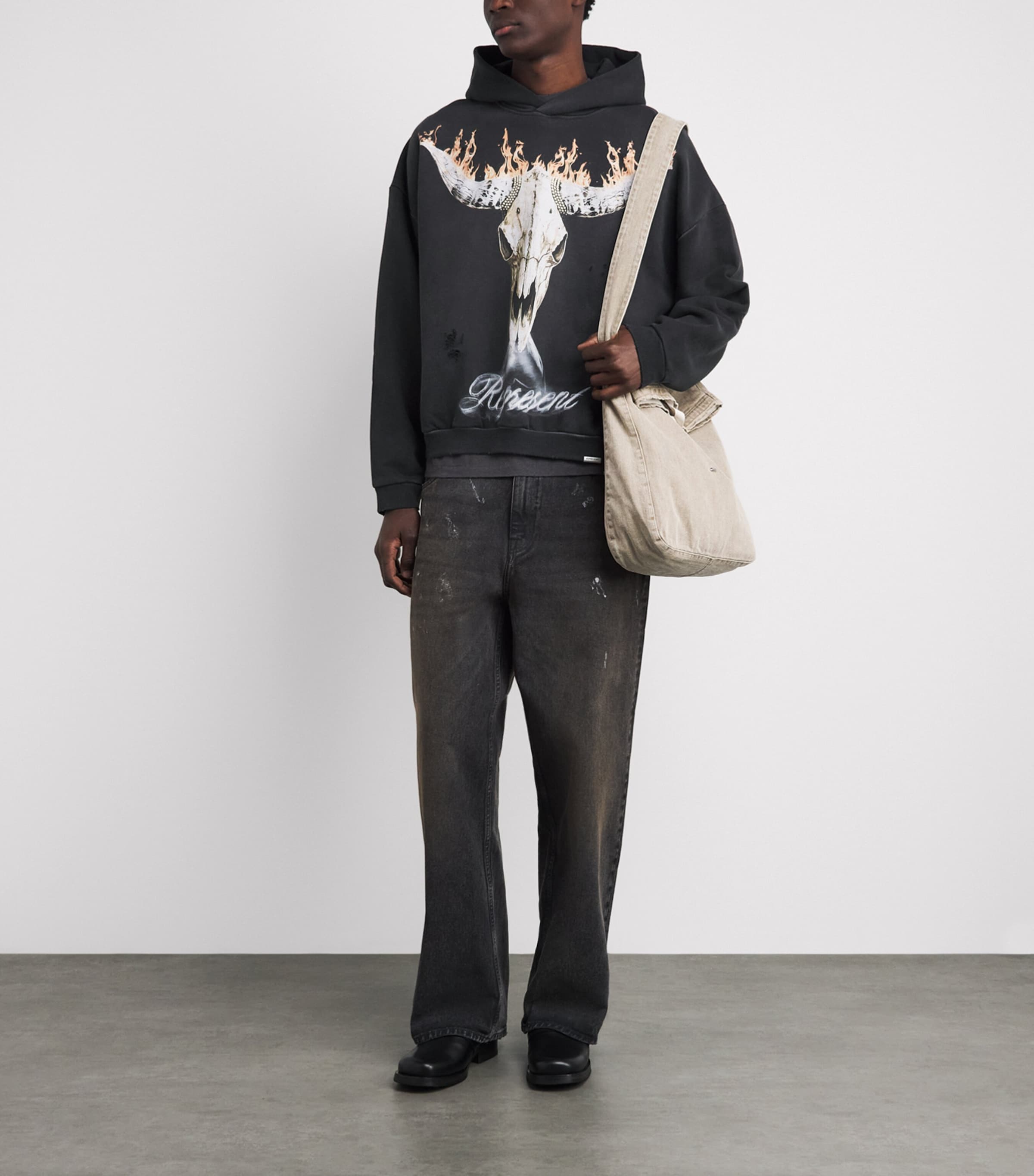 Represent Mens Cotton Flaming Stag Hoodie Stained Black Image 2