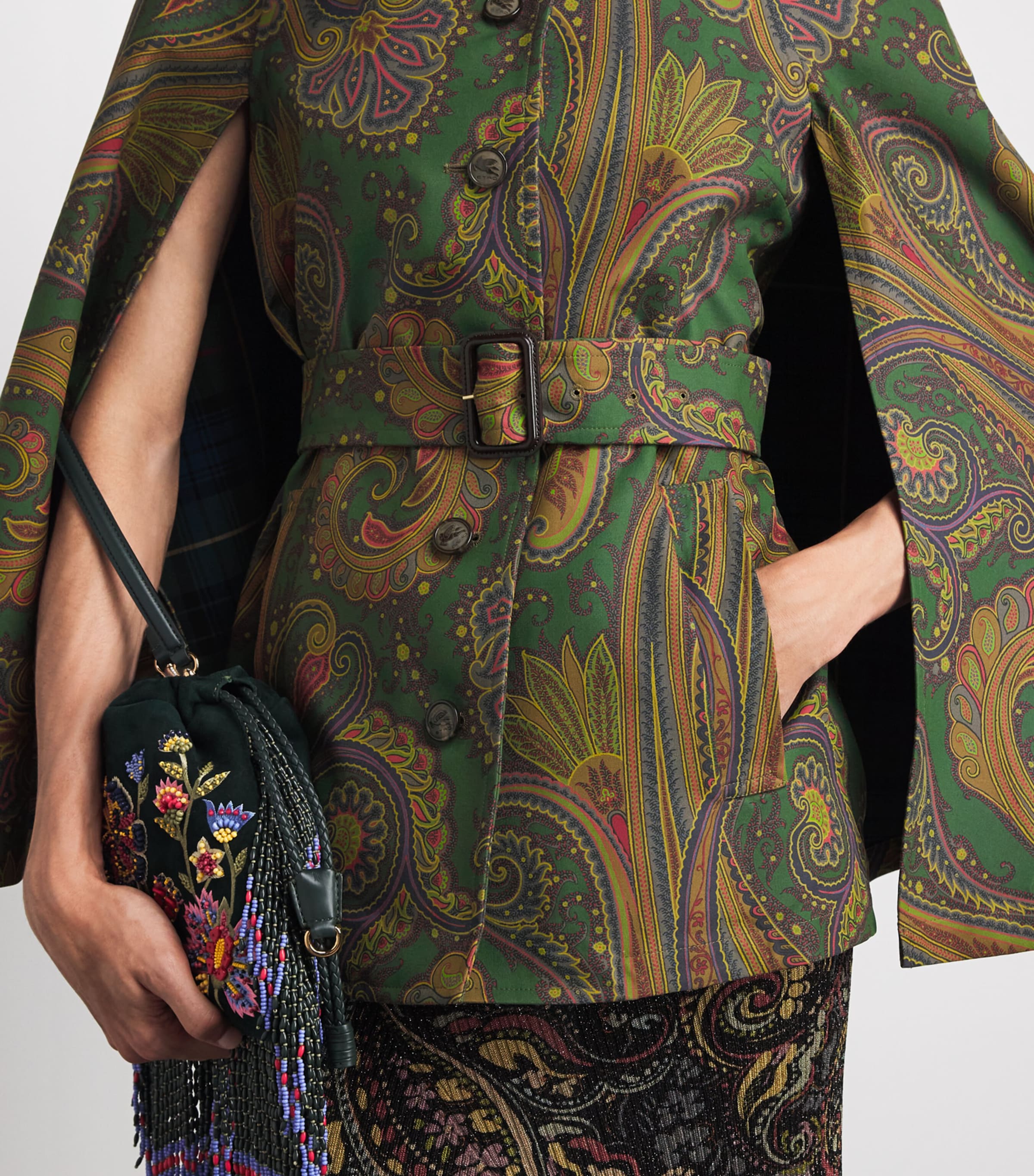 Etro Womens Cotton Gabardine Paisley Cape Jacket Green Image 3