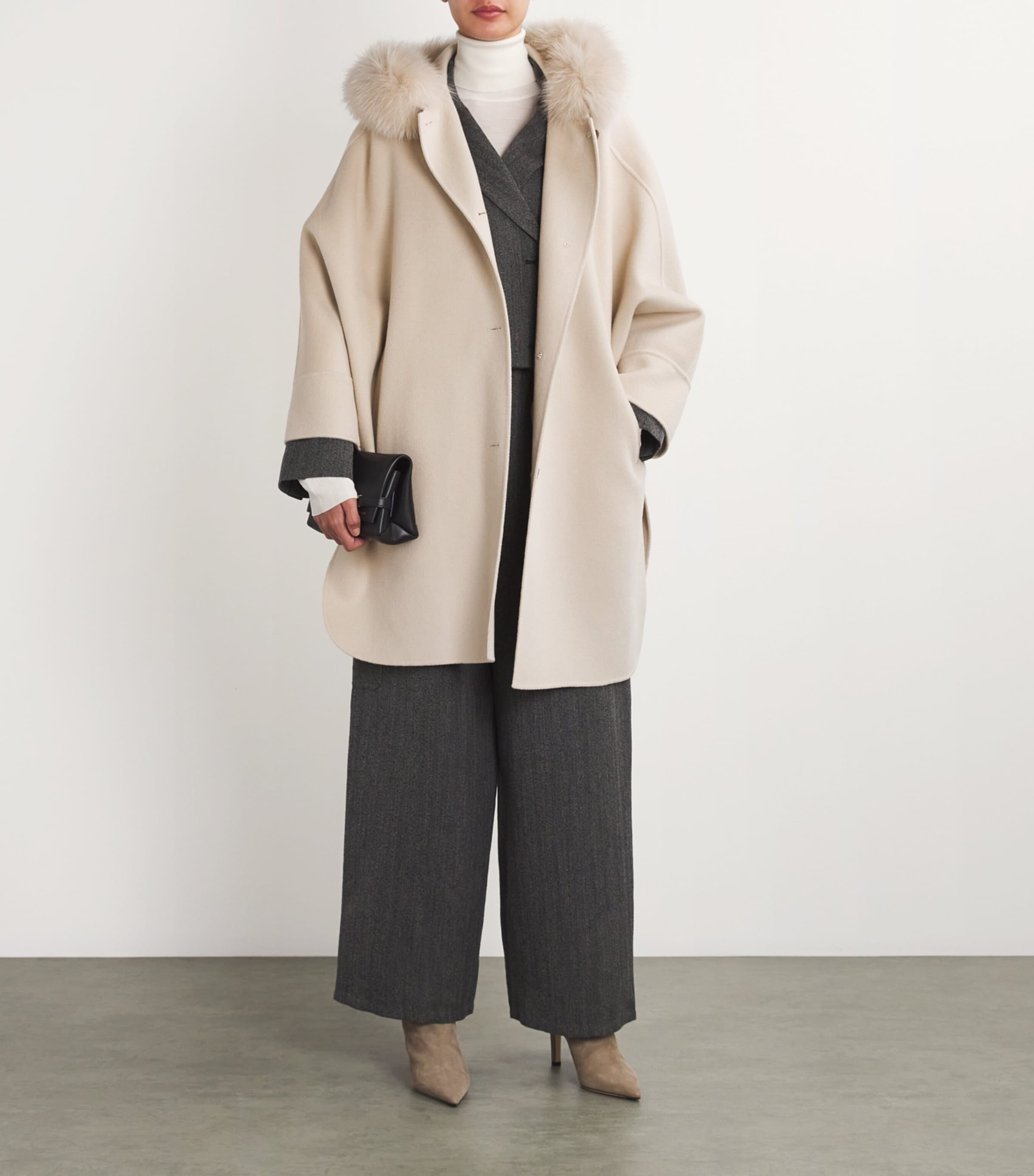 Yves Salomon Beige Wool-Cashmere Fur-Trim Cape Coat | Harrods US