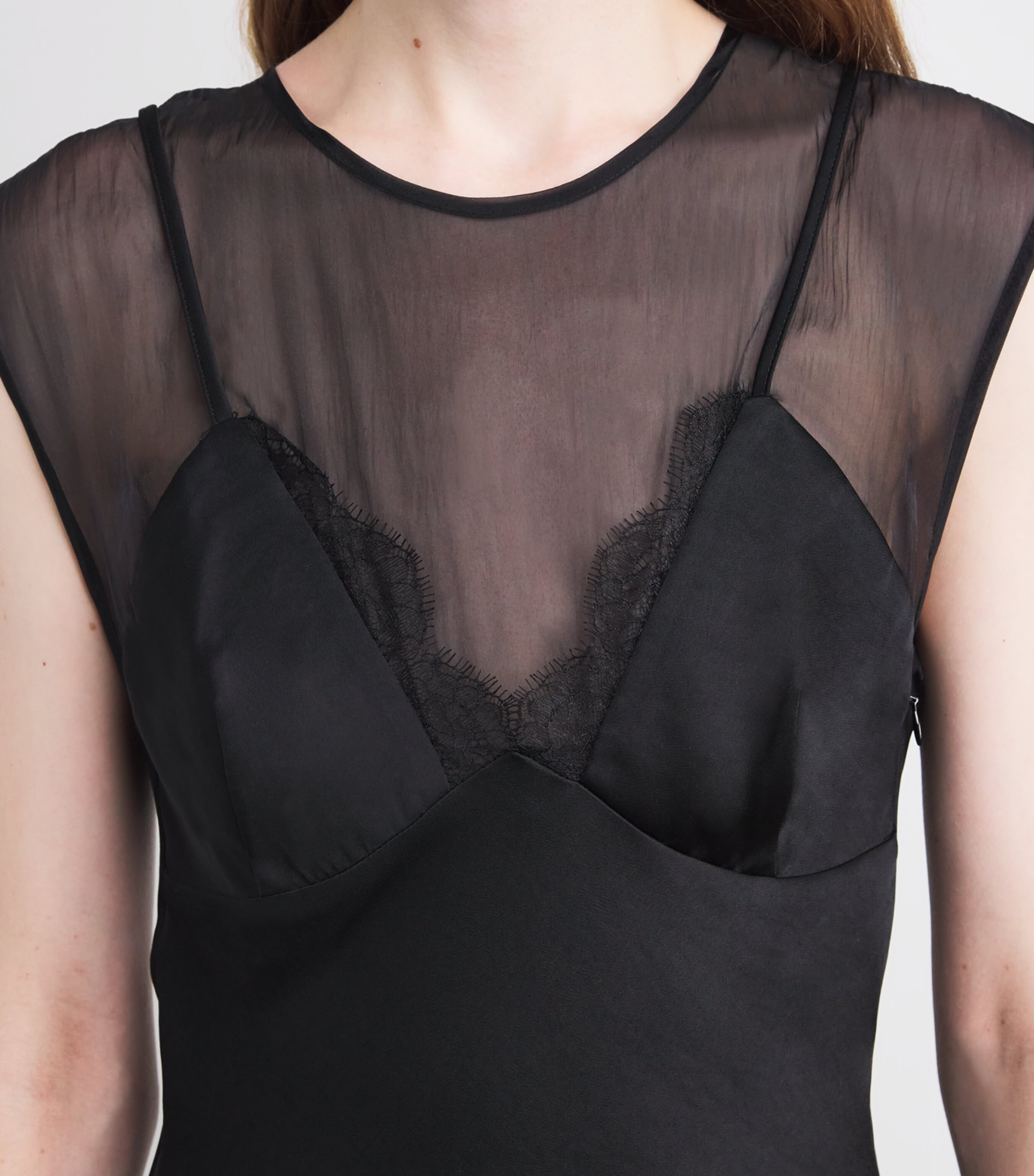 Satin Organza-Trim Midi Dress BLACK Image 6