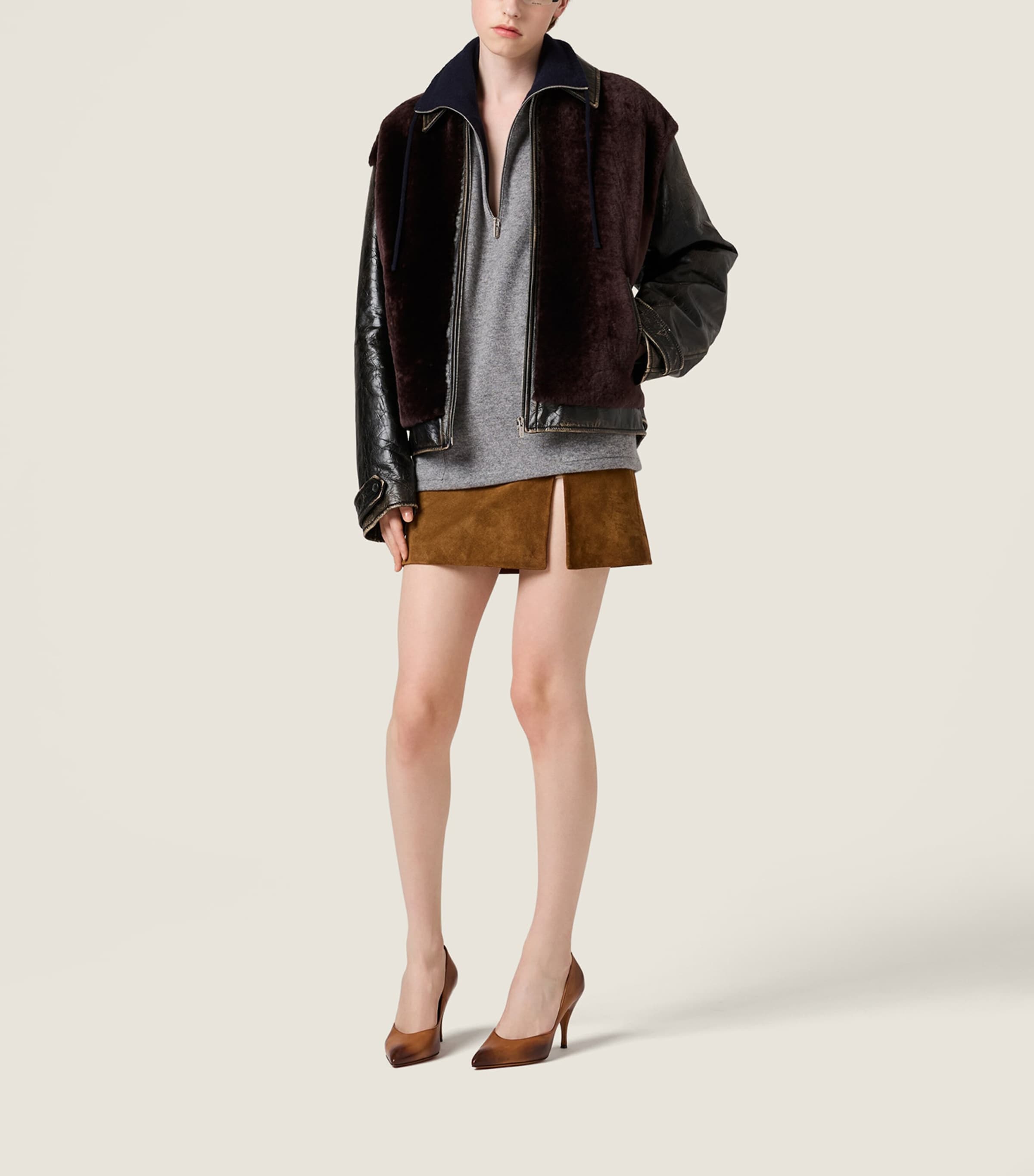 Miu Miu Womens Leather Shearling-Trim Jacket Black Image 2