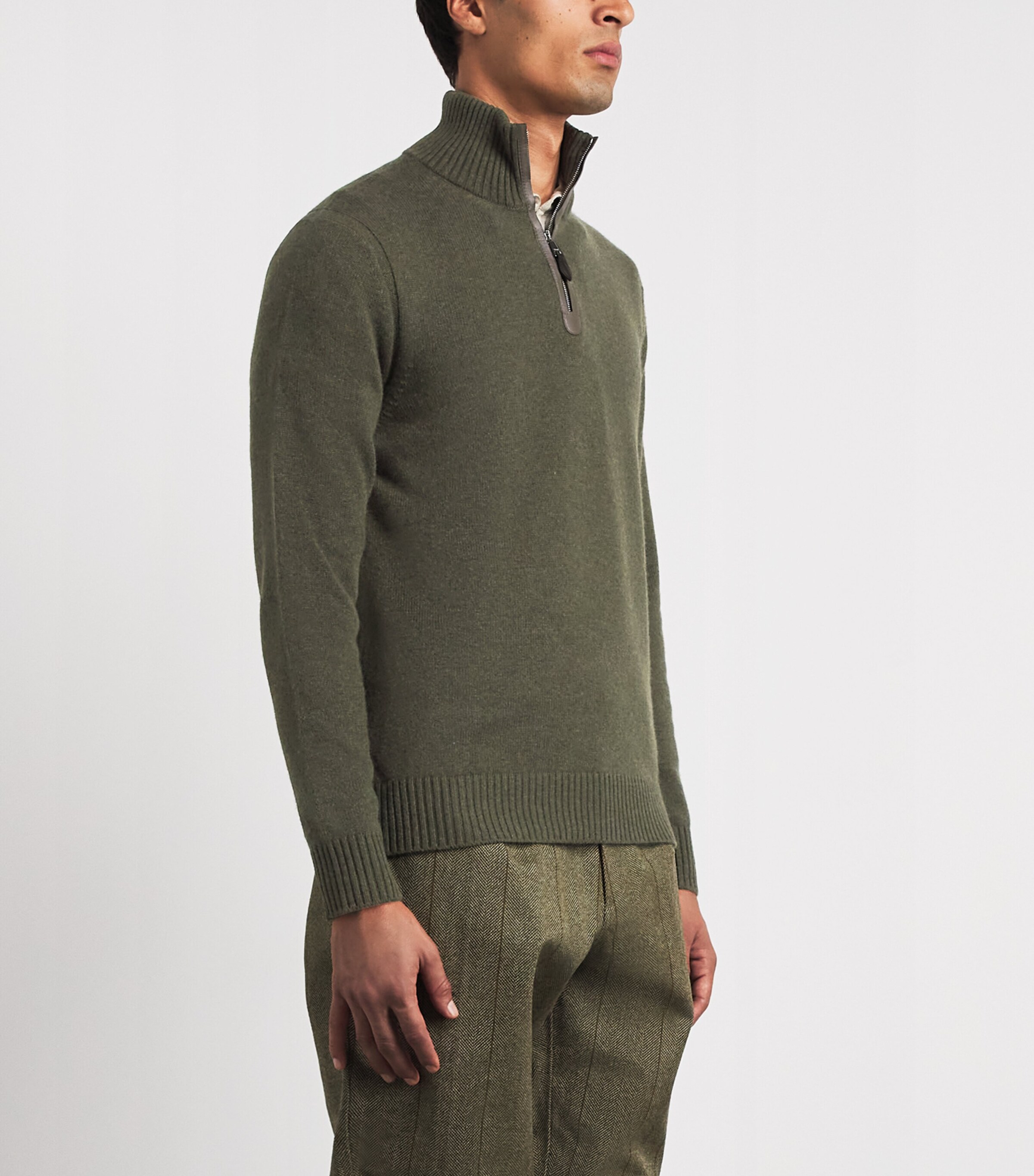Purdey Mens Cashmere Leather Trim Quarter-Zip Sweater Loden Image 4