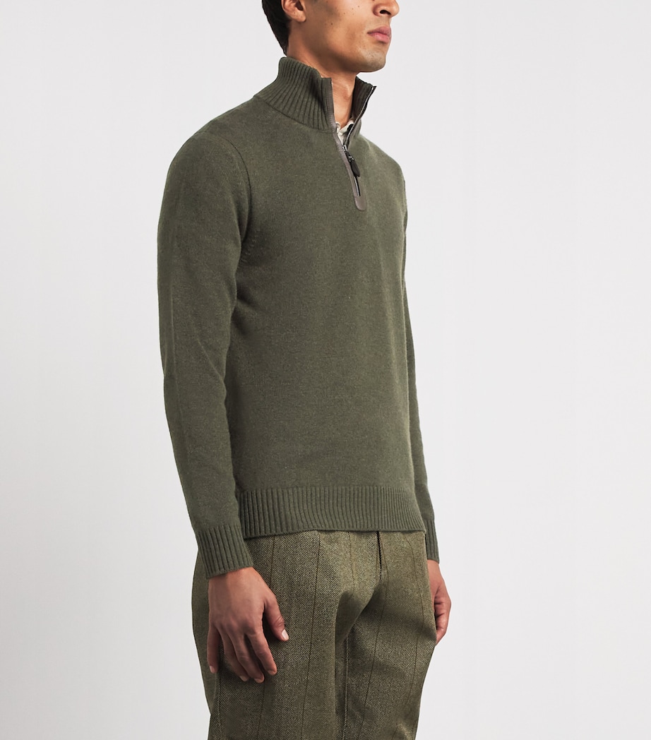 Purdey Mens Cashmere Leather Trim Quarter-Zip Sweater Loden Image 4