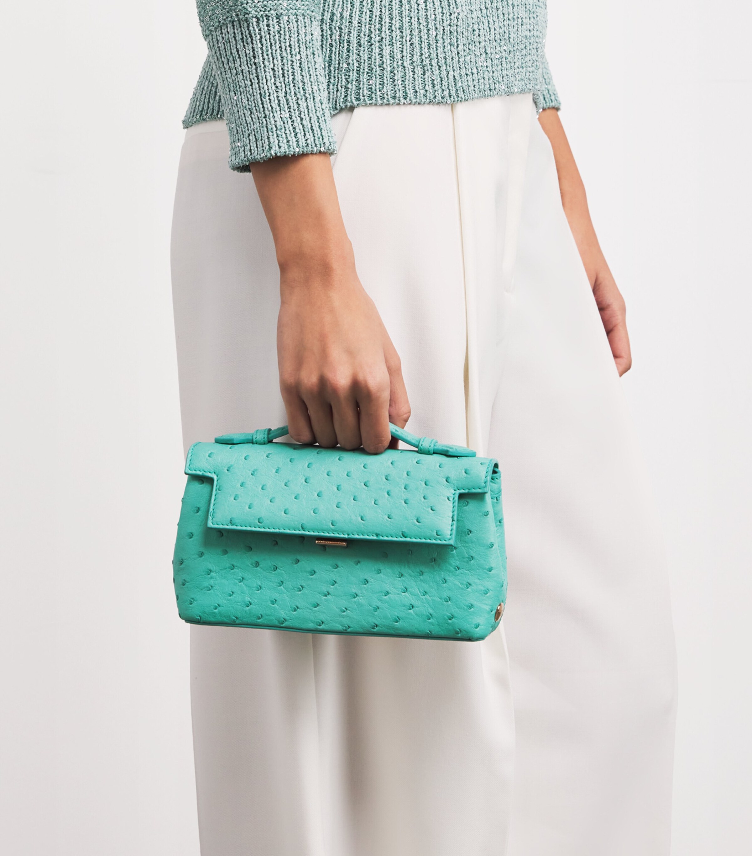 Ostrich Leather Top-Handle Bag TIFF BLUE Image 2