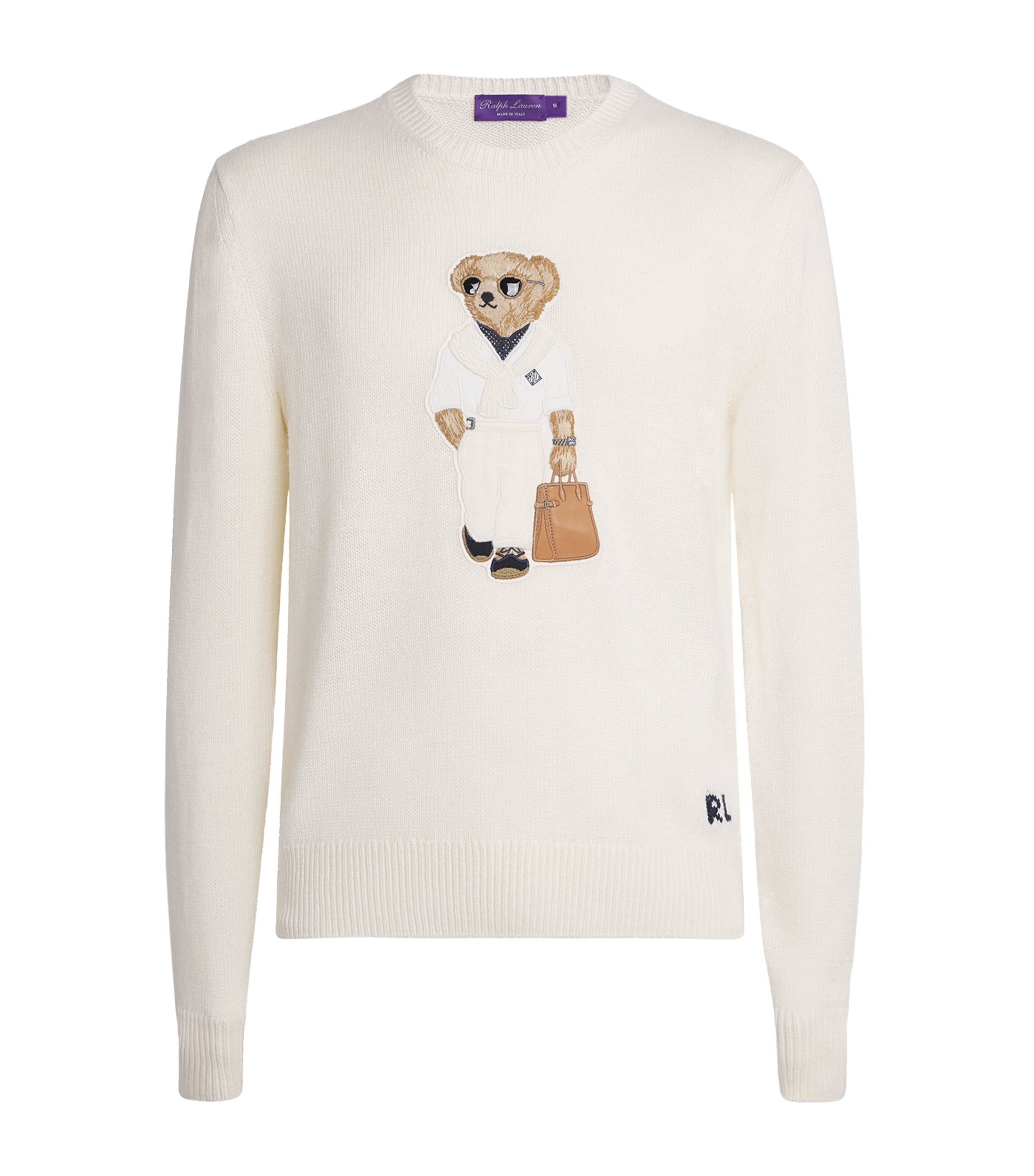 Ralph Lauren Purple Label Mens Silk-Linen Polo Bear Sweater Classic Cream Image 1