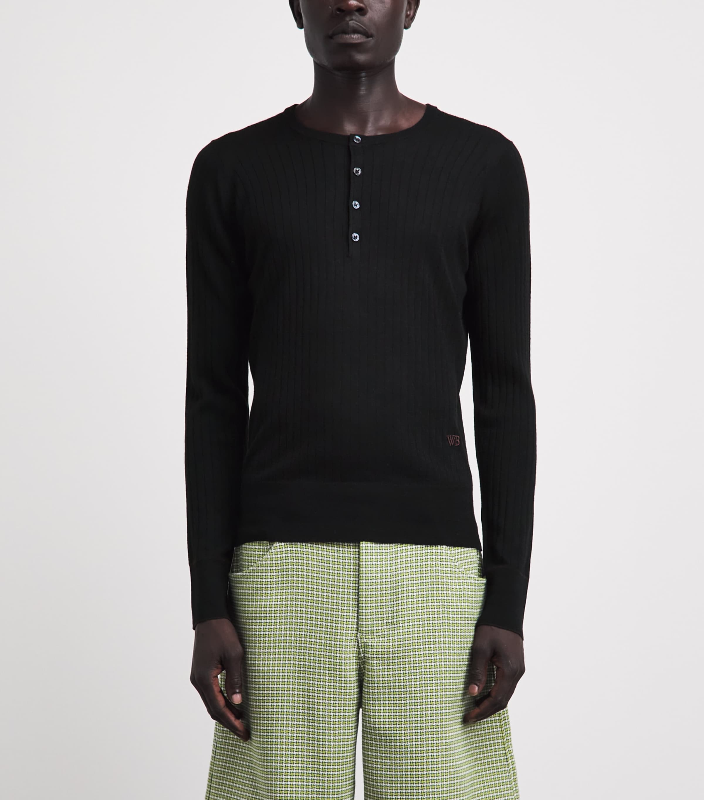 Wales Bonner Mens Wool-Cotton Nile Henley Top Black / Dark Brown Image 4