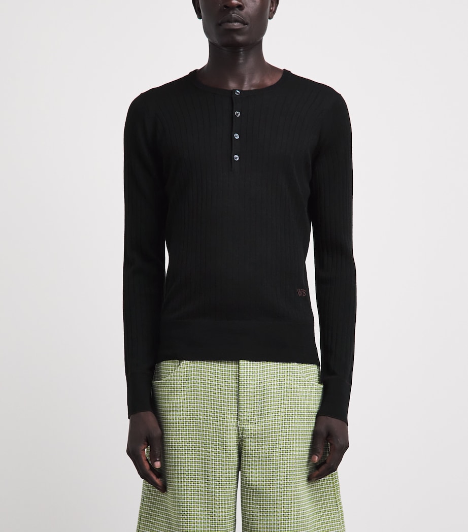 Wales Bonner Mens Wool-Cotton Nile Henley Top Black / Dark Brown Image 4