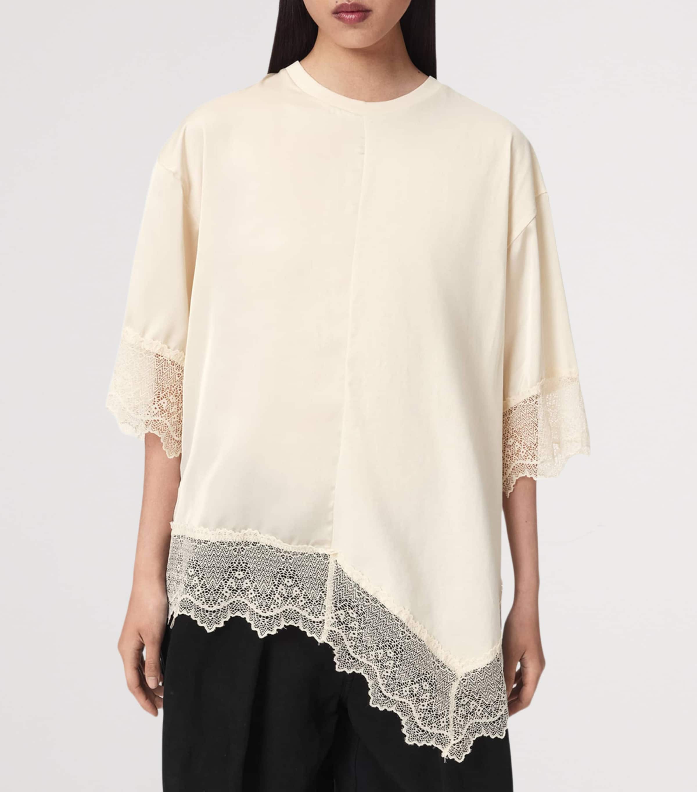 AllSaints Womens Cotton Lace-Trim Lenny T-Shirt Champagne White Image 3