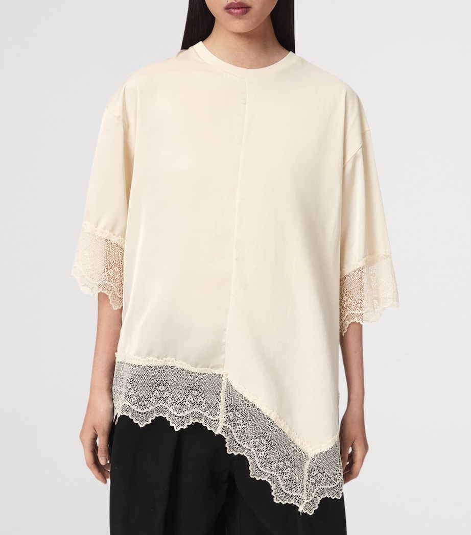 AllSaints Womens Cotton Lace-Trim Lenny T-Shirt Champagne White Image 3