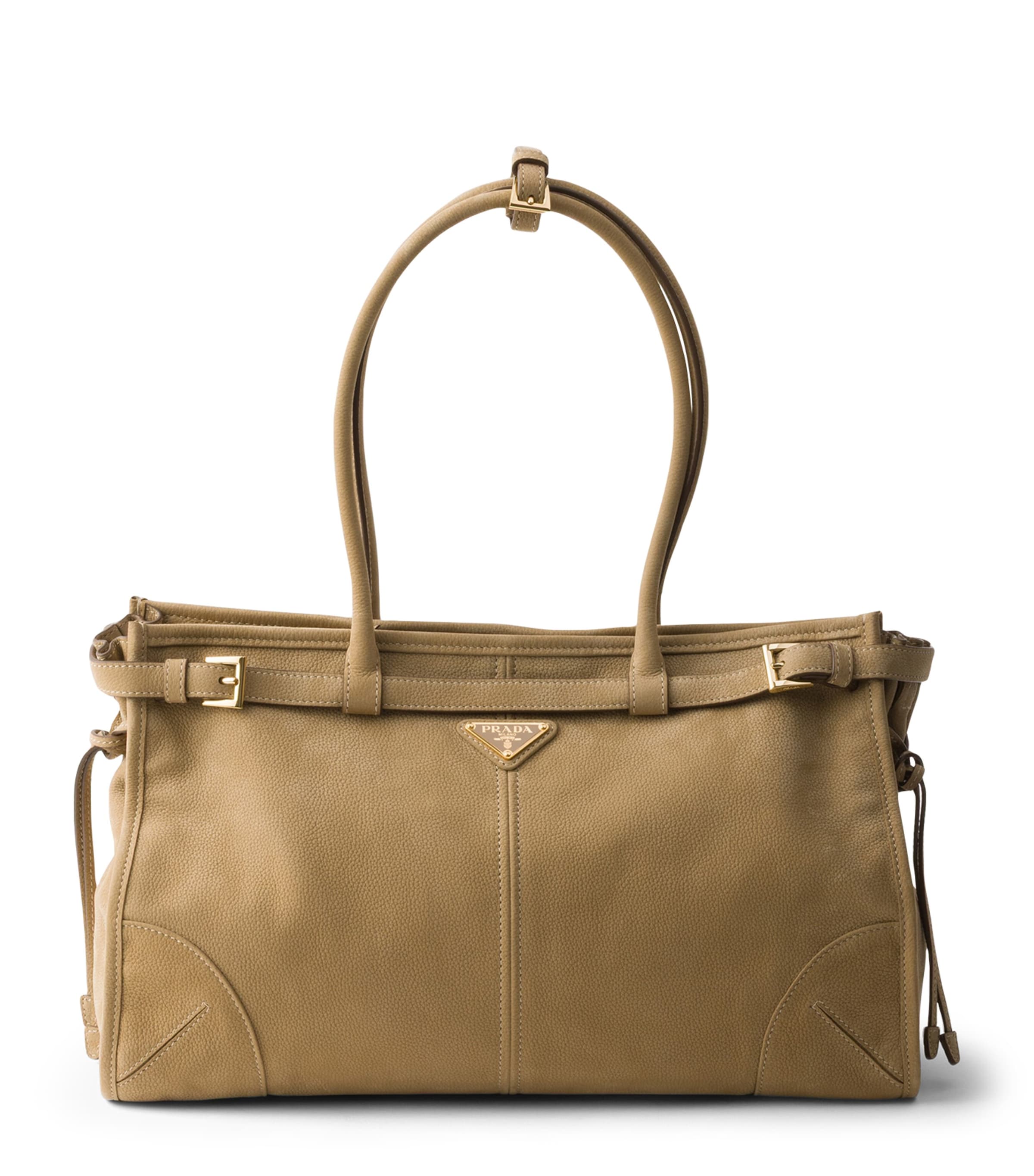 Prada Large Nubuck Leather Bonnie Top-Handle Bag Neutral Image 1