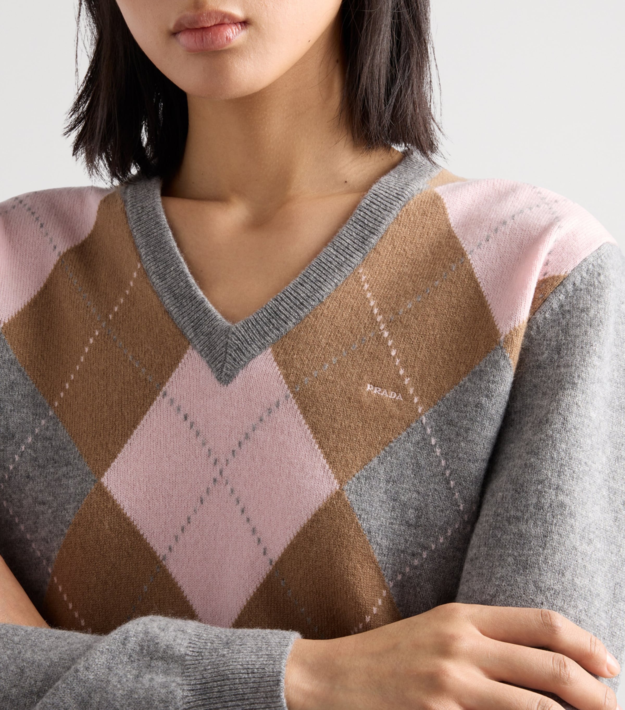 Prada Womens Cashmere Argyle V-Neck Sweater Grey Image 4