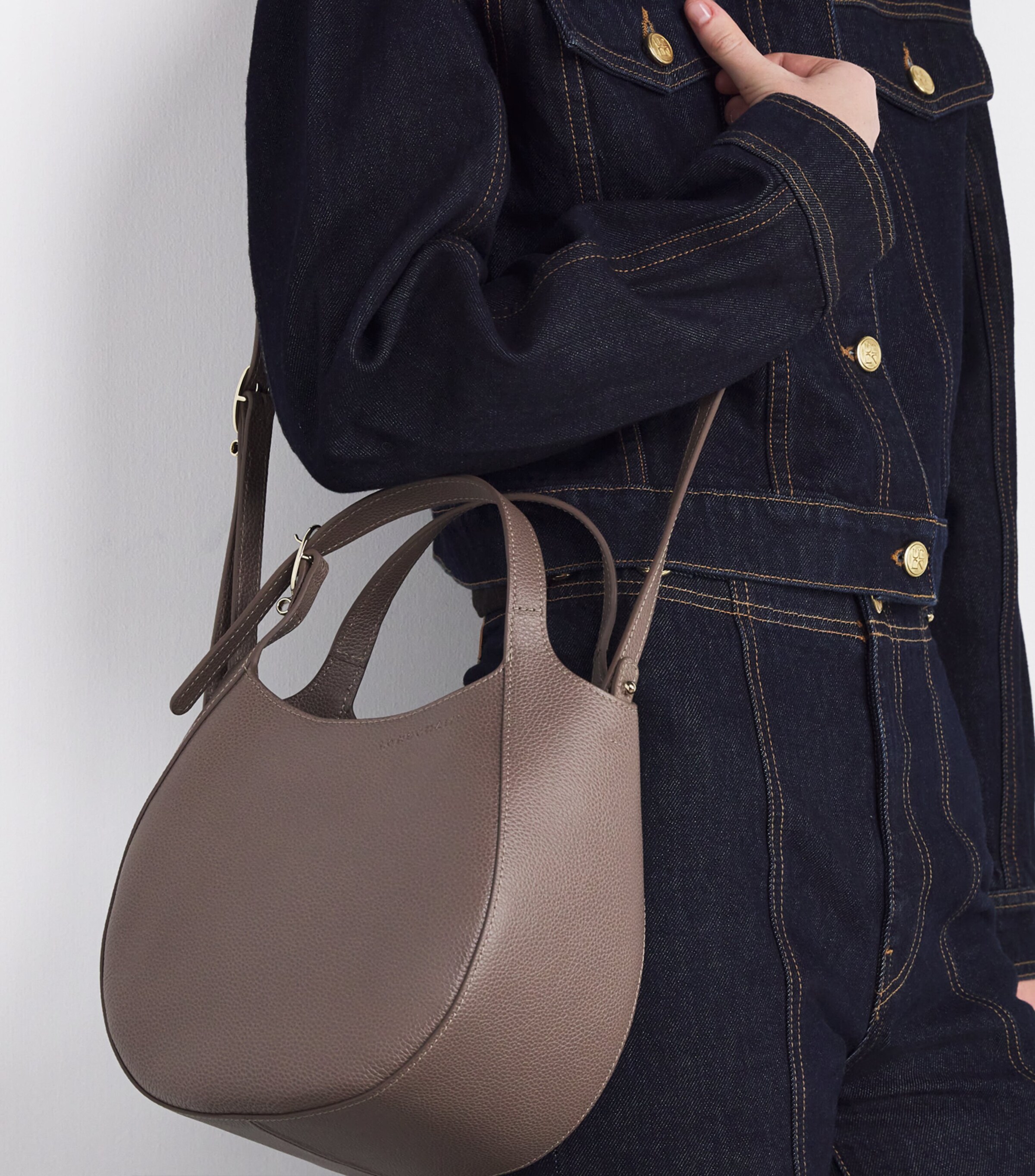 Longchamp Small Leather Le Foulonné Top-Handle Bag Taupe Image 2