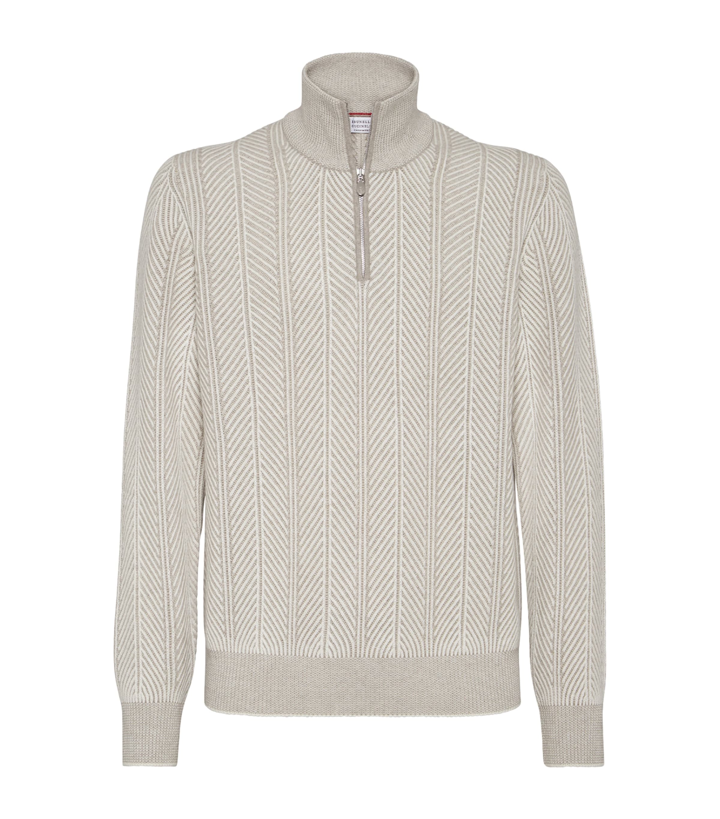 Brunello Cucinelli Textured Half-zip High Collar Sweater In White