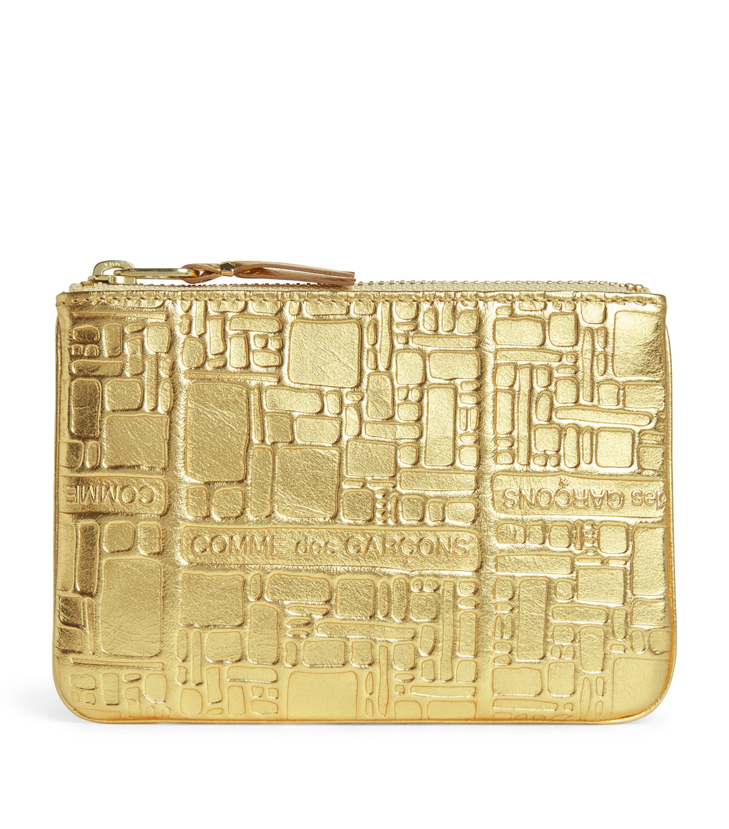 Shop Comme Des Garçons Leather Embossed Logo Zipped Pouch In Gold