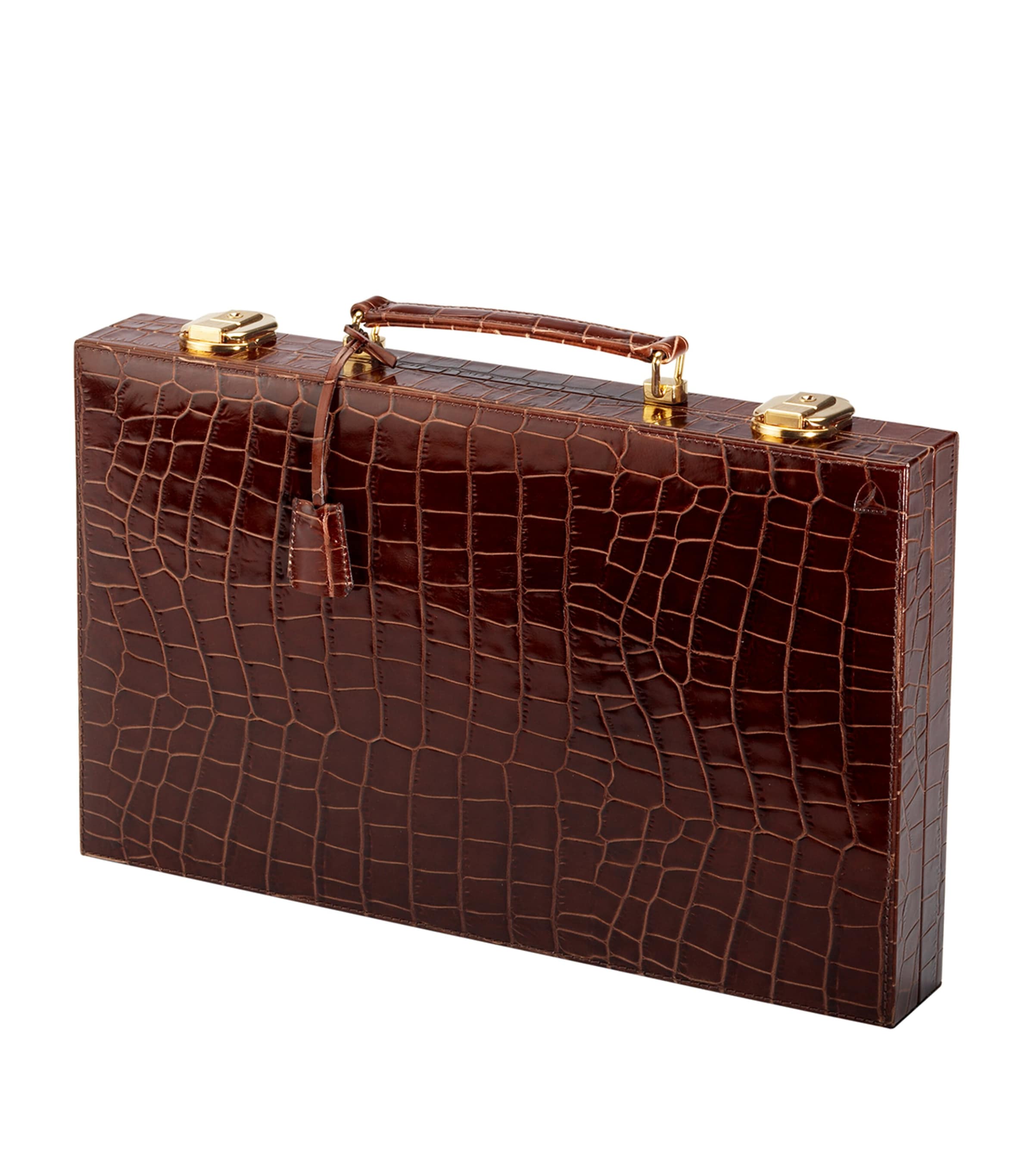 Aspinal Of London Croc-Embossed Leather Backgammon Set Brown Image 2
