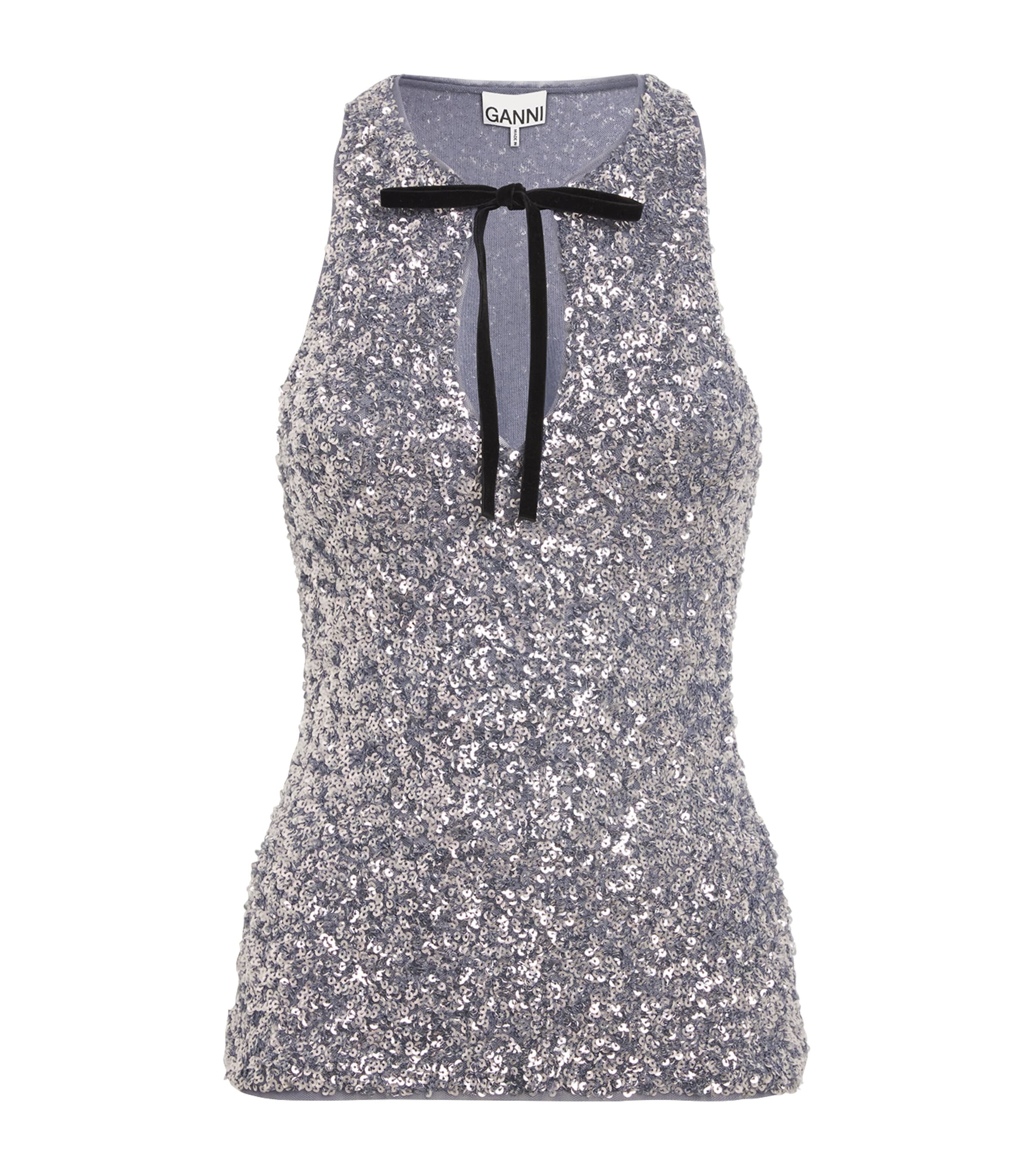 Ganni Sequinned 3d Tank Top In Grey