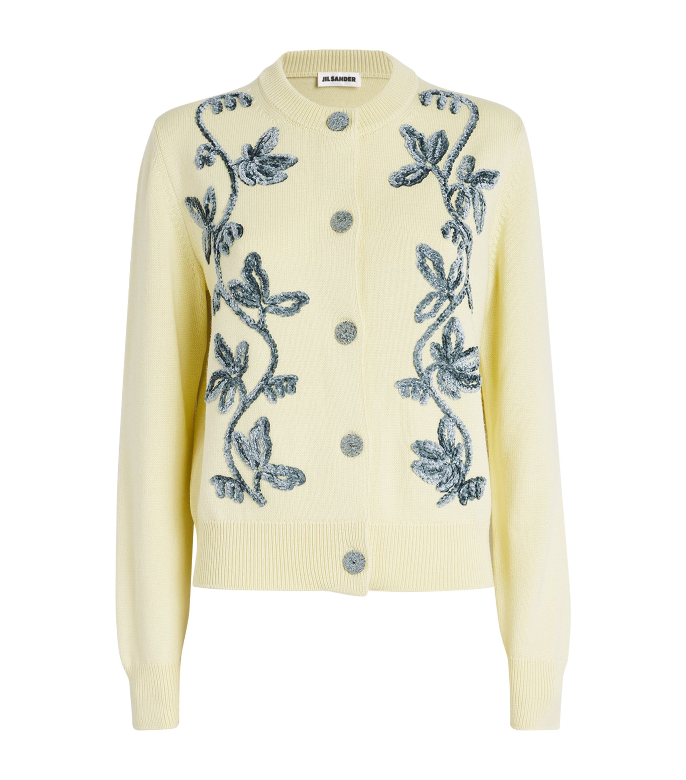 Jil Sander Light Yellow Cardigan With Floral Embroidery In Neutral