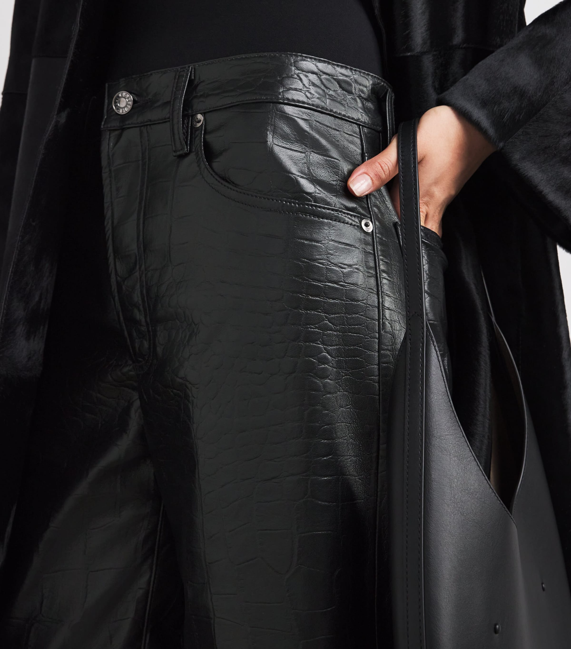 Leather Croc-Embossed Arc Wide-Leg Jeans CROC TEXTURED BLK Image 6