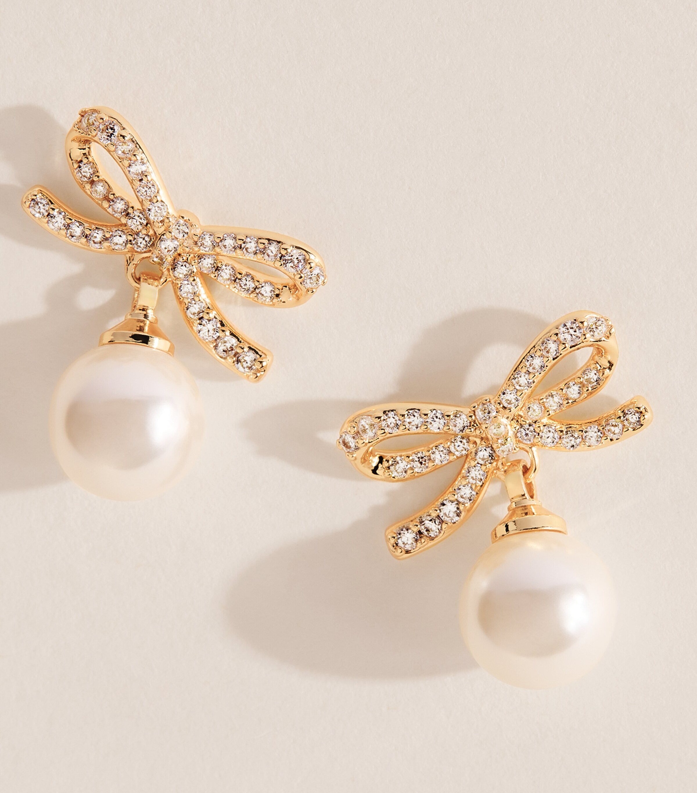 Self-Portrait Crystal and Faux Pearl Bow Stud Earrings Gold Image 5
