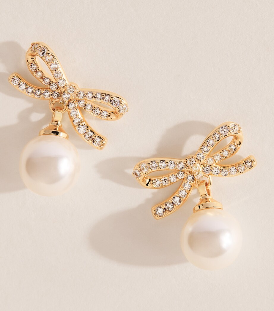 Self-Portrait Crystal and Faux Pearl Bow Stud Earrings Gold Image 5