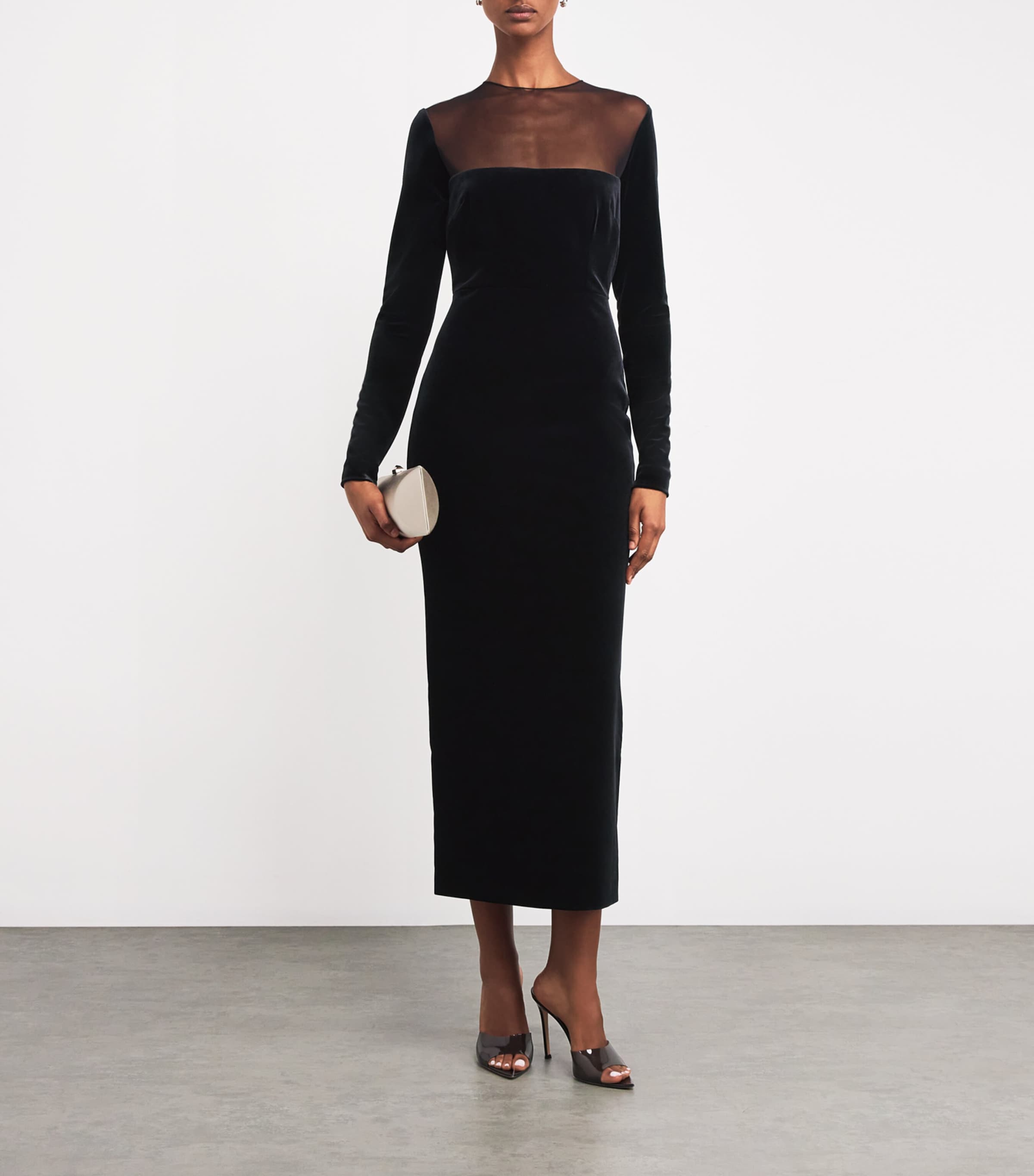 Alex Perry Womens Velvet Mesh-Detail Midi Dress Black Image 2