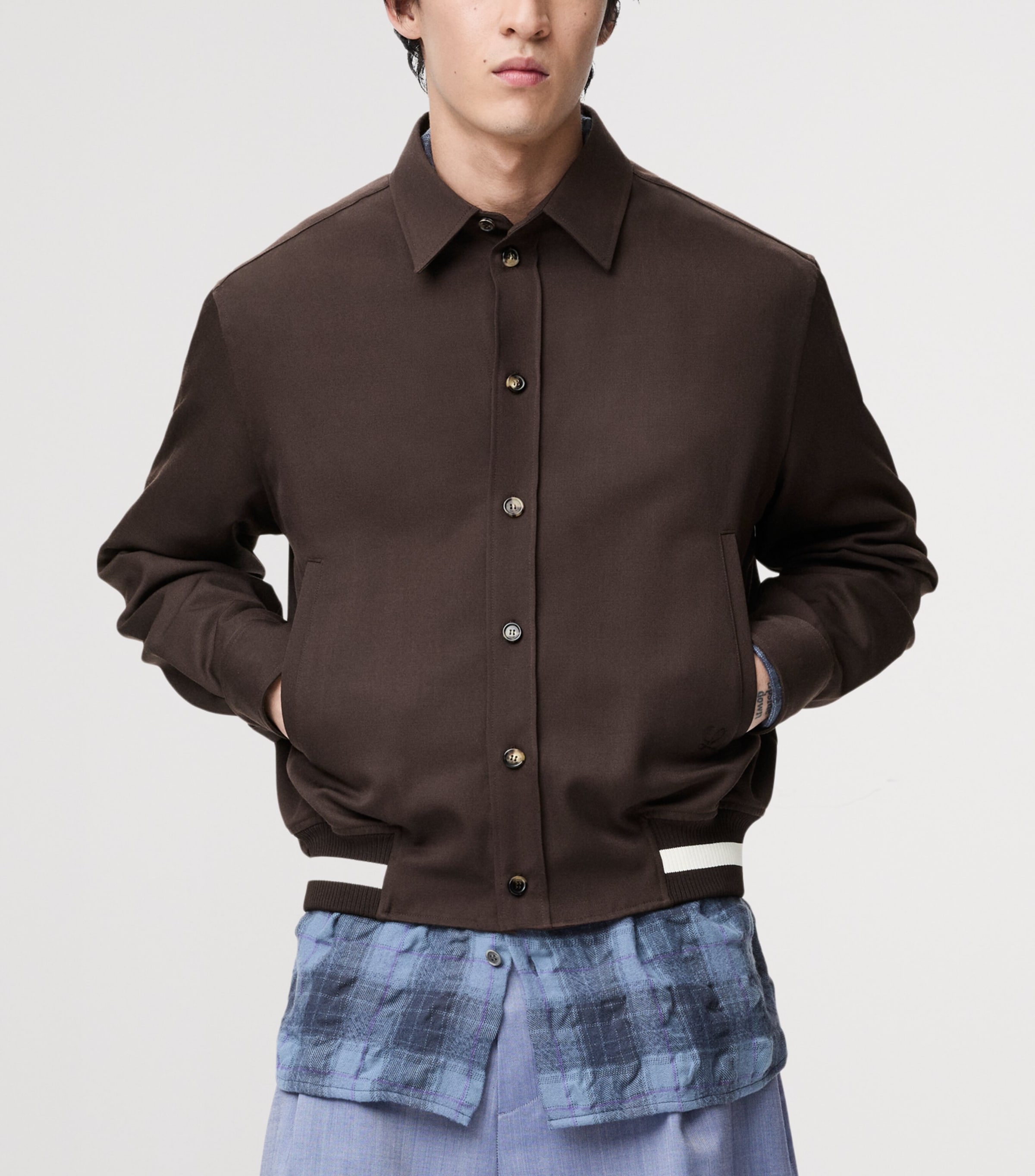LOEWE Mens Wool-Blend Stripe-Trim Shirt Jacket Brown Image 3