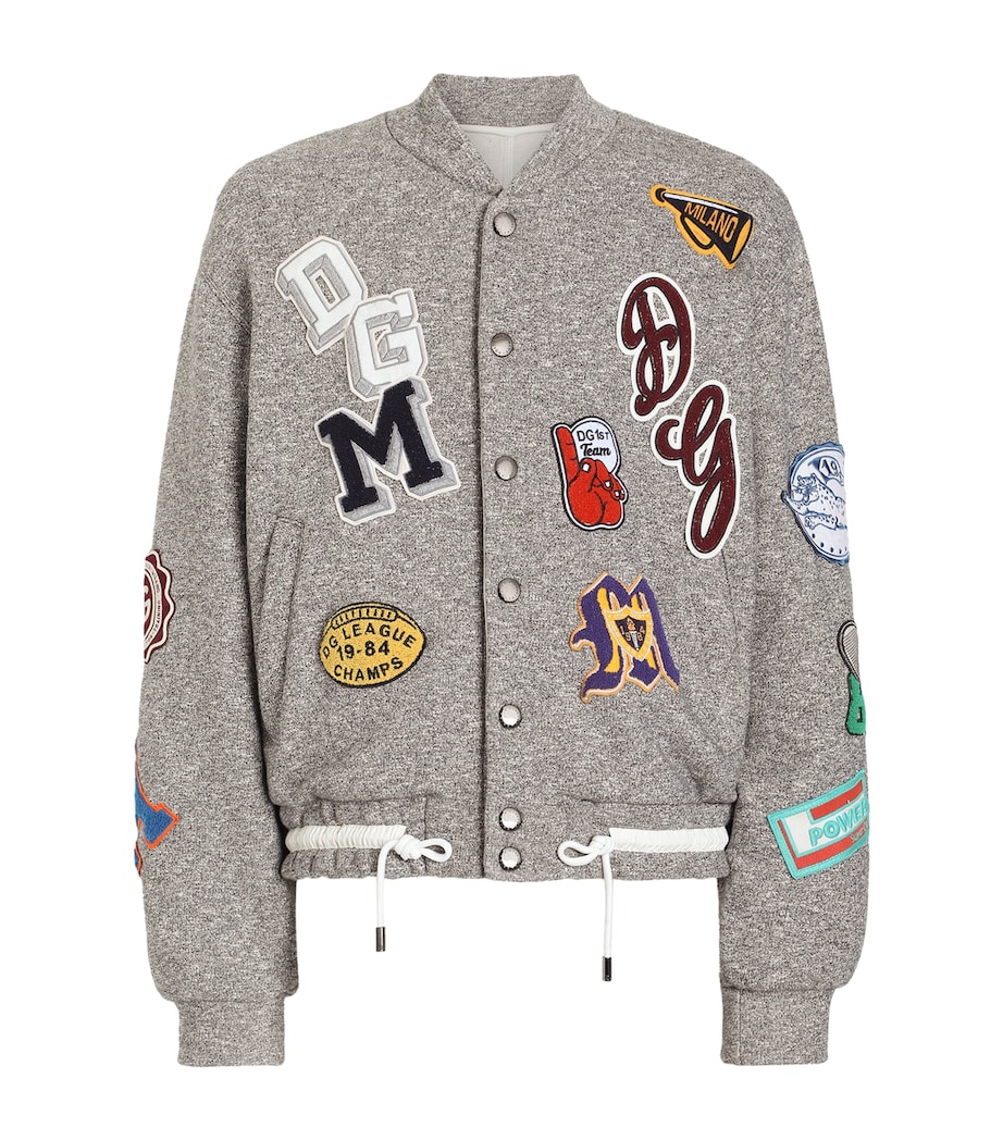 Dolce&Gabbana Mens Stretch-Cotton Fleece Patch Bomber Jacket Melange Grey Image 1
