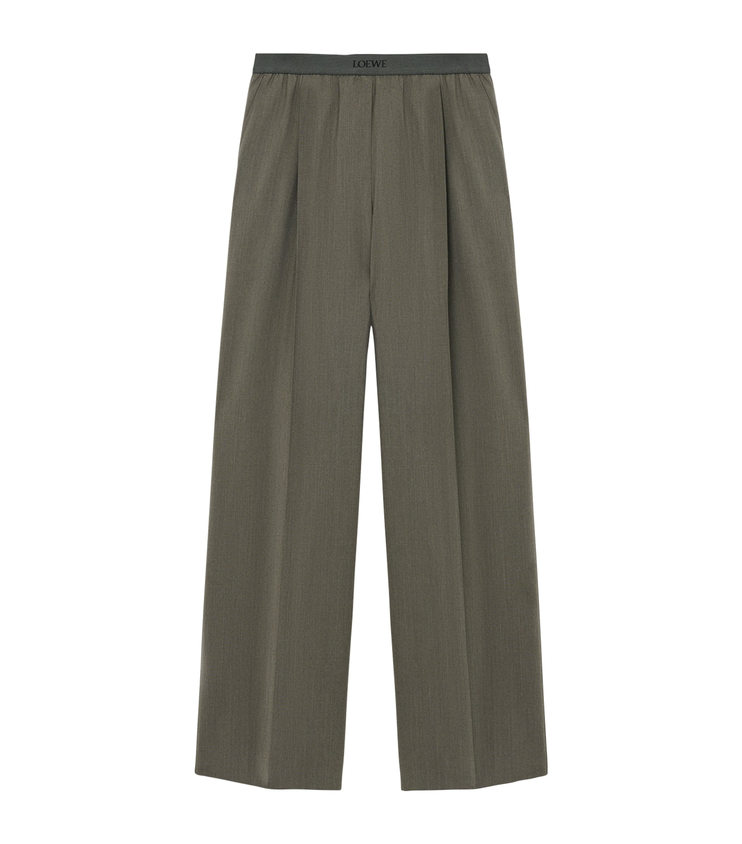 Loewe Womens Khaki Green Logo-waistband Straight-leg Woven Trousers In Black