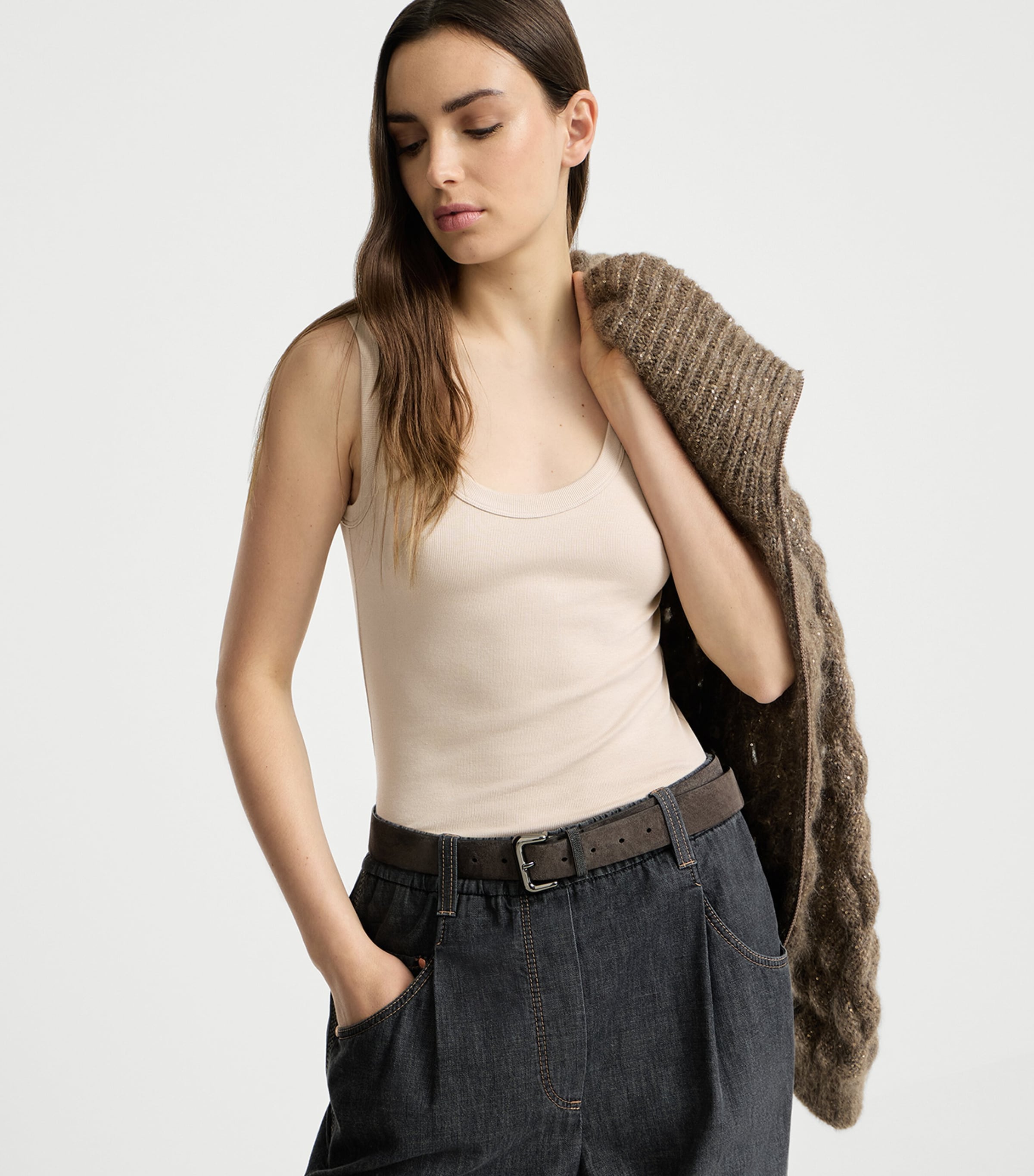 Brunello Cucinelli Womens Stretch-Cotton Ribbed Tank Top Image 2