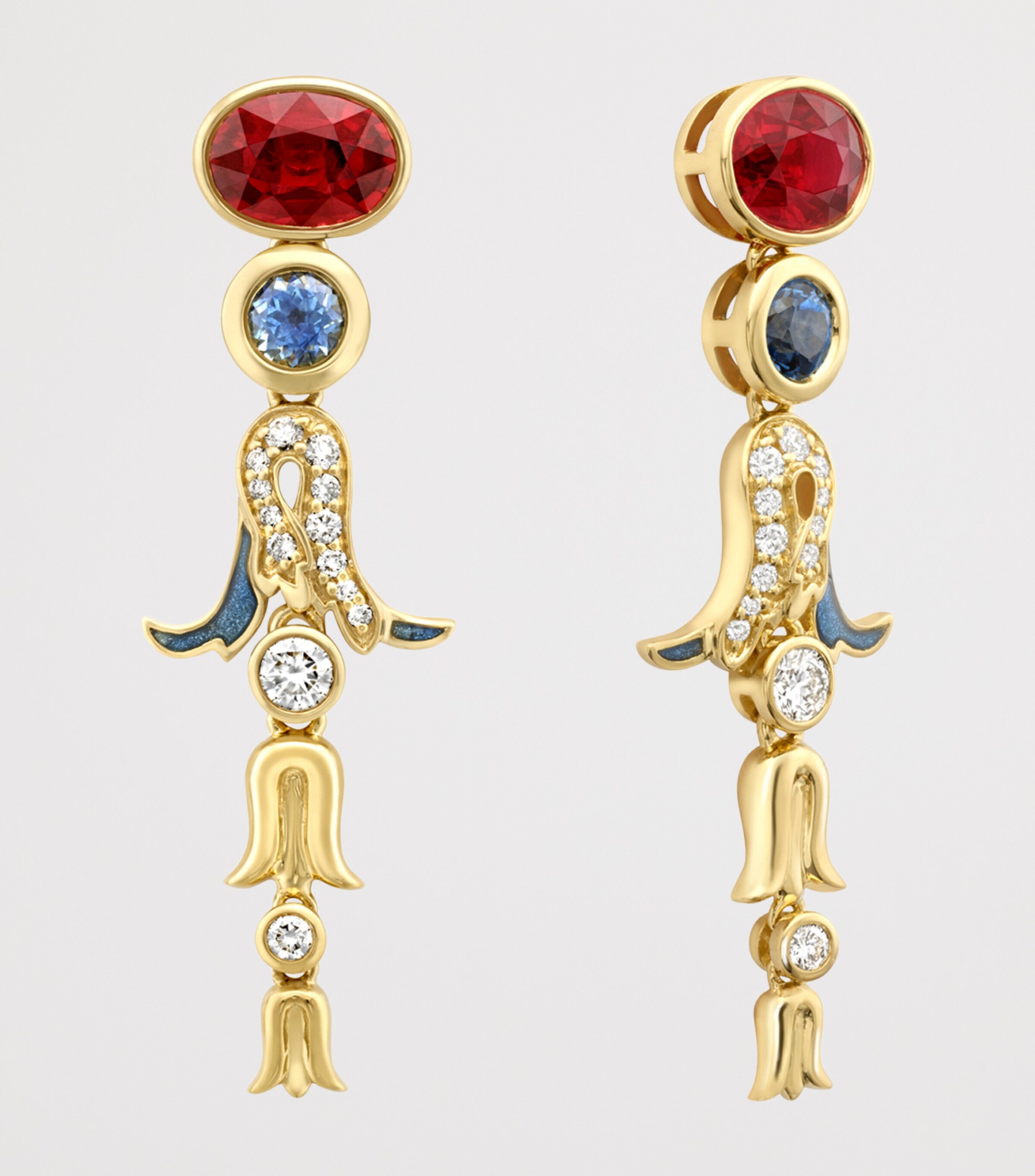 Boodles Yellow Gold, Diamond, Ruby and Sapphire The Palace Collection Presence Chamber Drop Earrings Red Image 2
