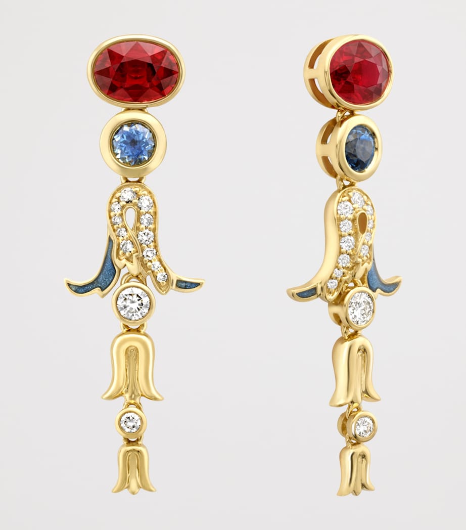 Boodles Yellow Gold, Diamond, Ruby and Sapphire The Palace Collection Presence Chamber Drop Earrings Red Image 2