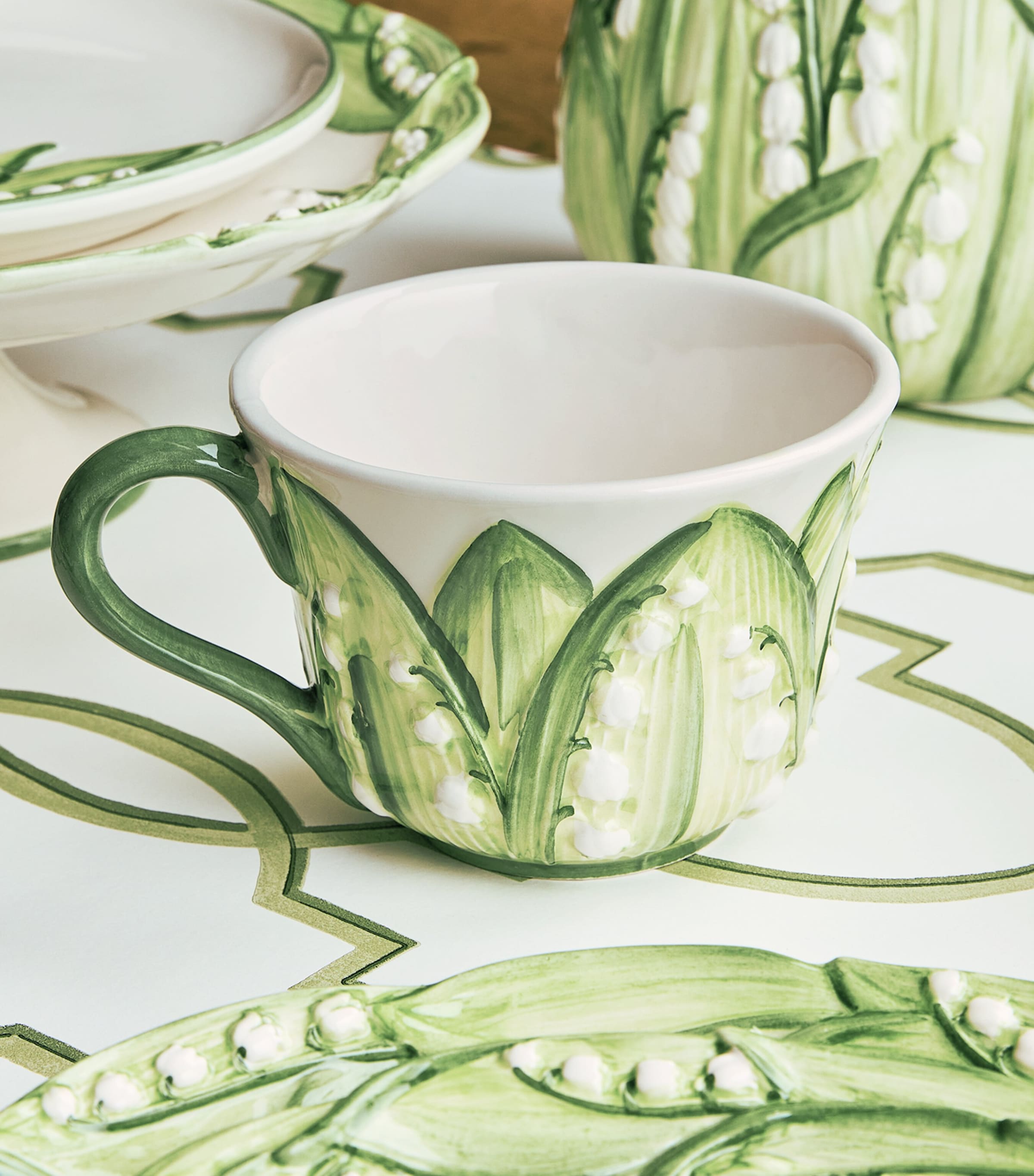 Ceramic Lily of the Valley Teacup WHITE/GREEN Image 3