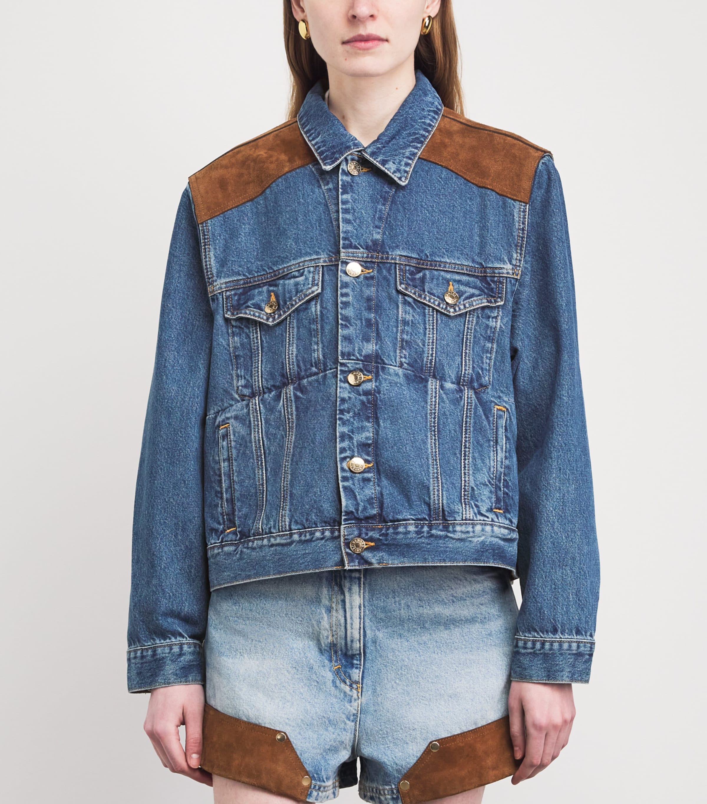 Sandro Paris Womens Suede-Trim Denim Jacket Light Bu Jean Image 4