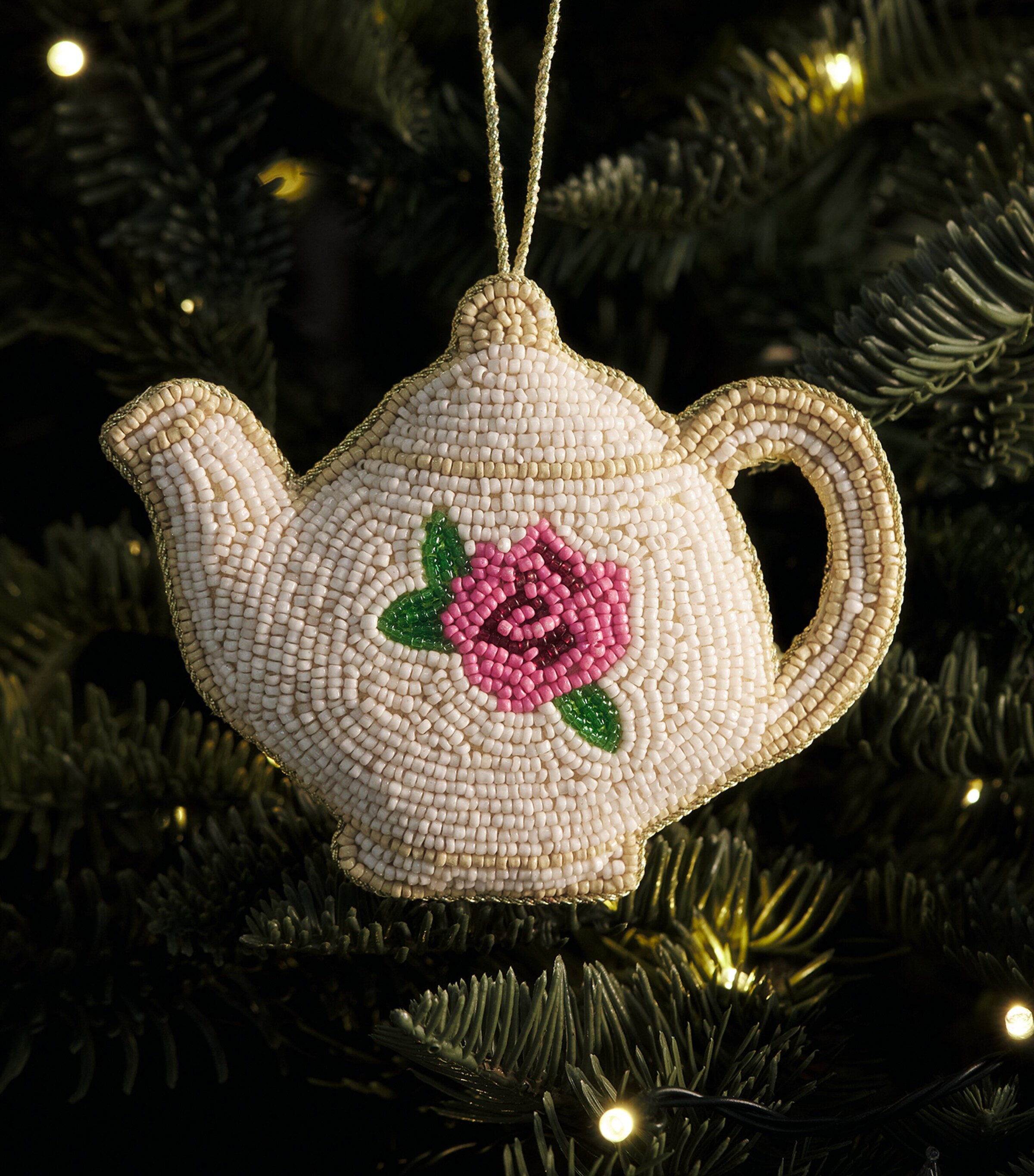 Harrods Beaded Teapot Tree Decoration Beige/gold Image 3