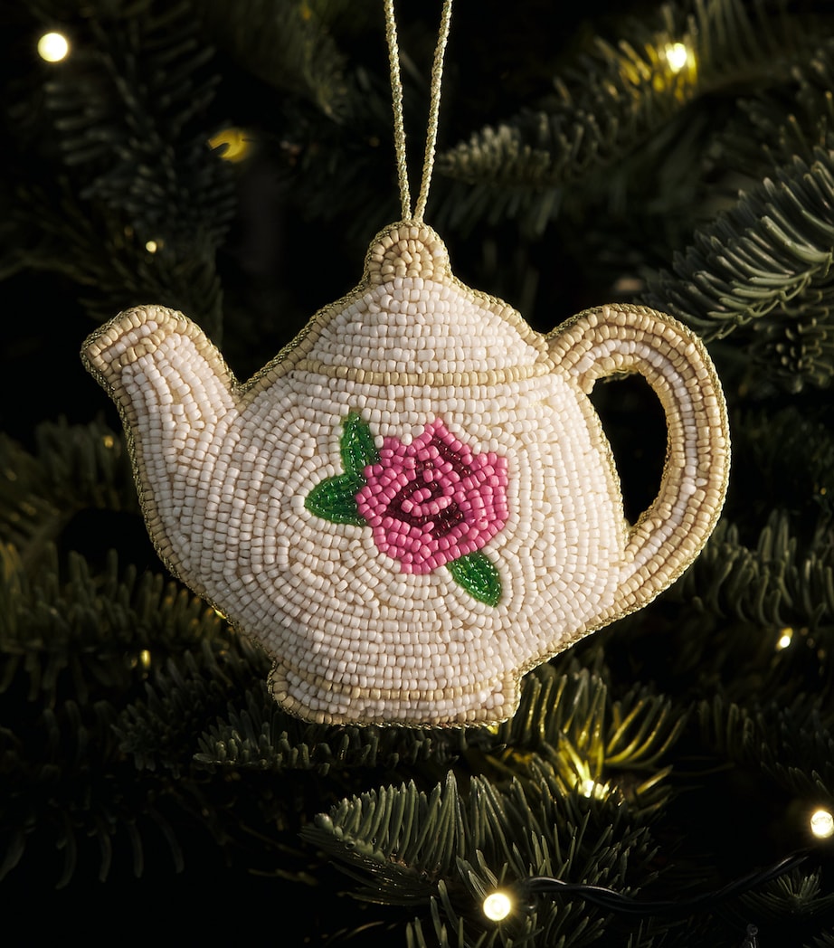 Harrods Beaded Teapot Tree Decoration Beige/gold Image 3