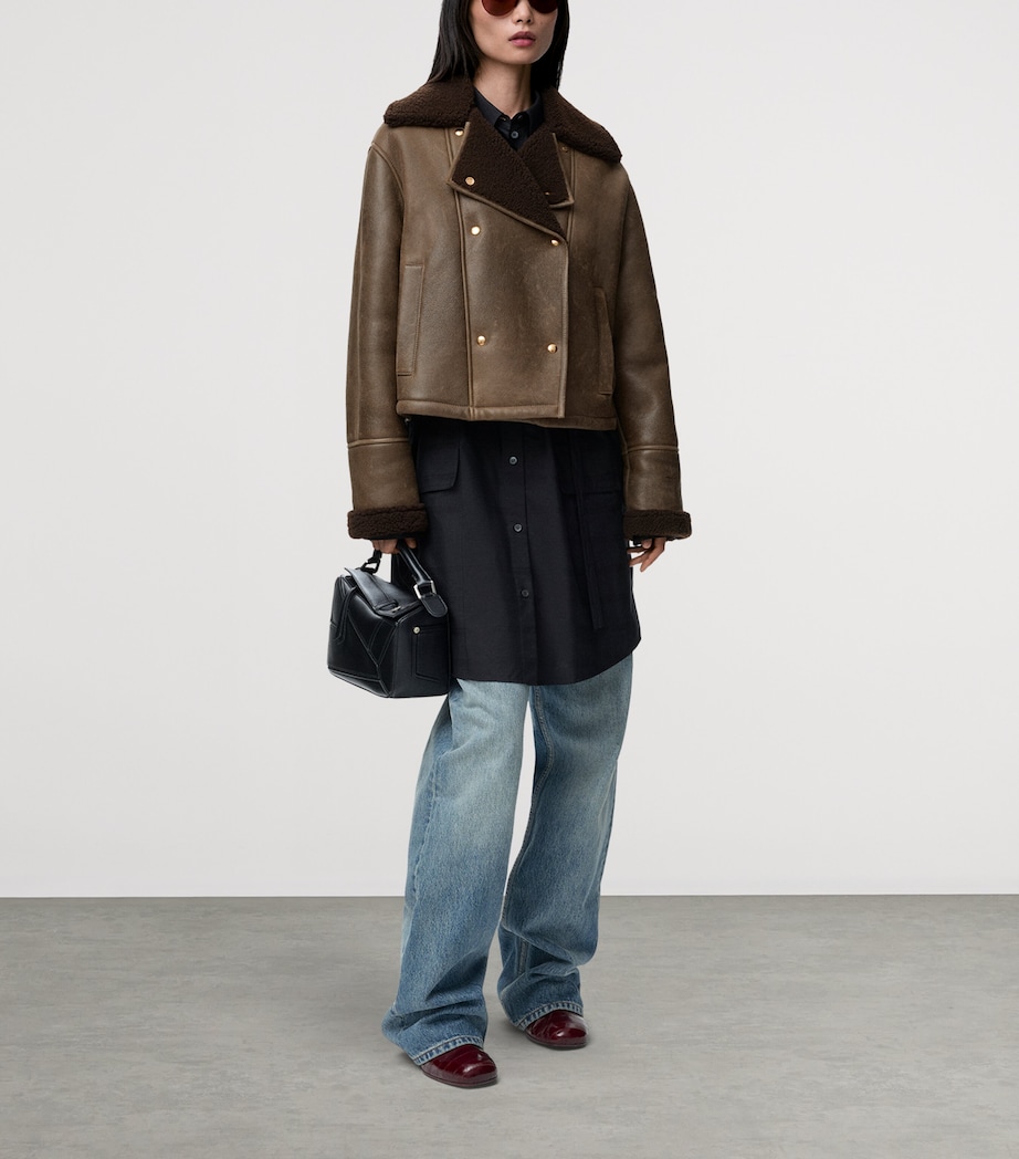 Lambskin Shearling-Collar Aviator Jacket SAGE Image 2
