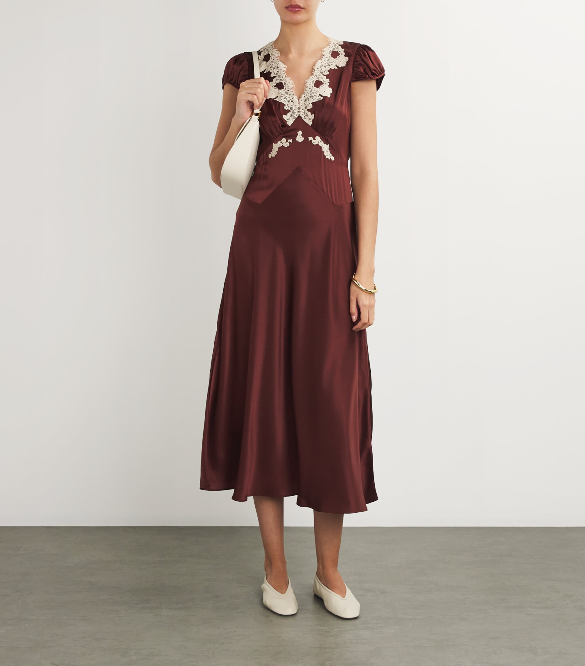 DEN Brown Silk Lace-Trim Coraline Midi Dress | Harrods US