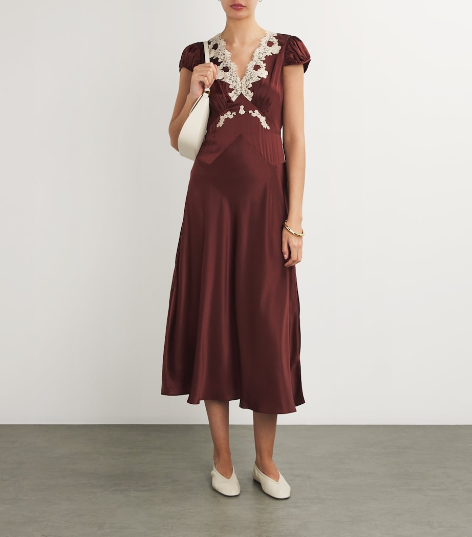 DEN Brown Silk Lace-Trim Coraline Midi Dress | Harrods US DEN Brown Silk Lace-Trim Coraline Midi Dress | Harrods US