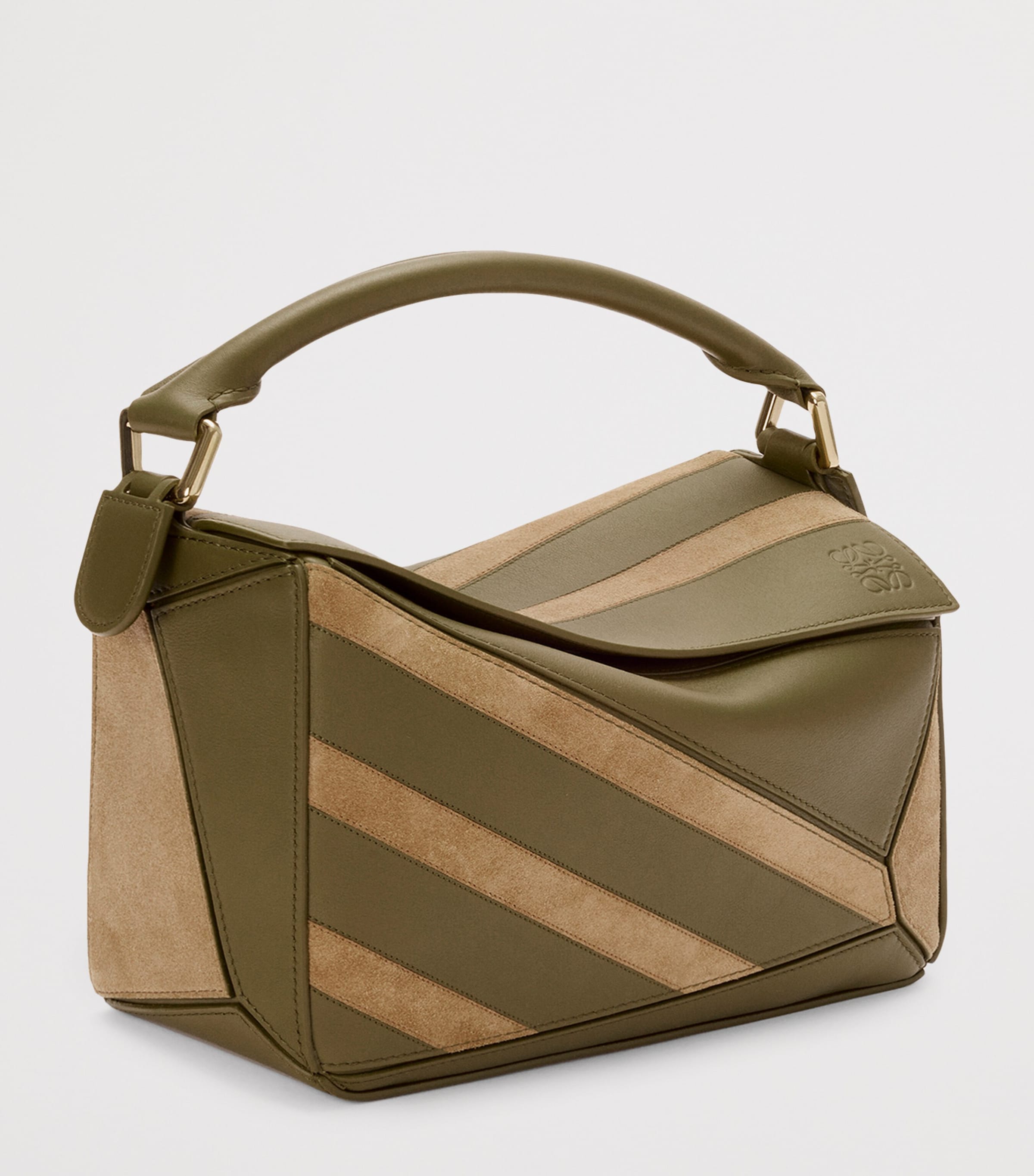 Small Leather-Suede Puzzle Top-Handle Bag OLIVE GOLD Image 2