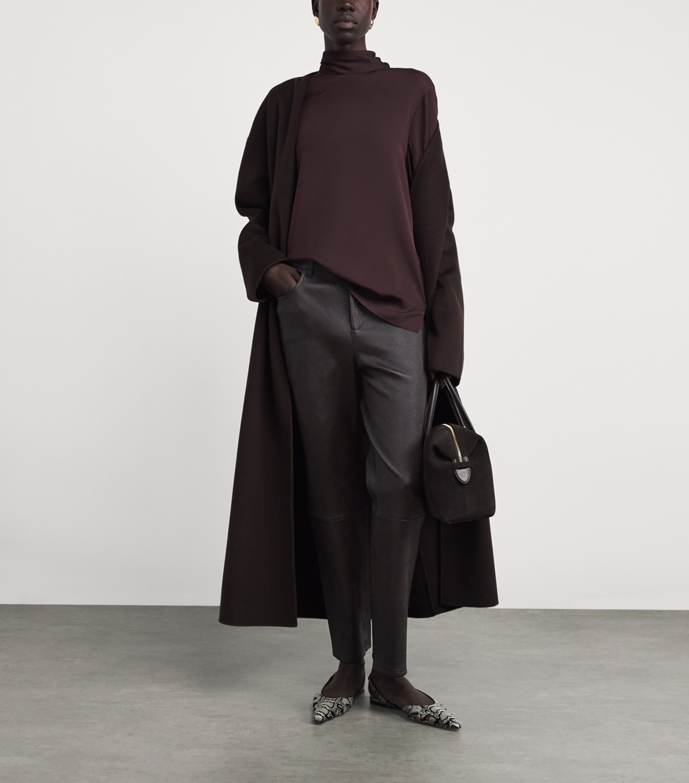 Leather Cropped Straight Trousers 2P5-PLUM BROWN Image 2
