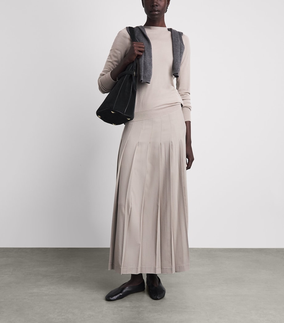 Colombo Womens Cashmere Pleated Maxi Skirt Light Beige Image 2